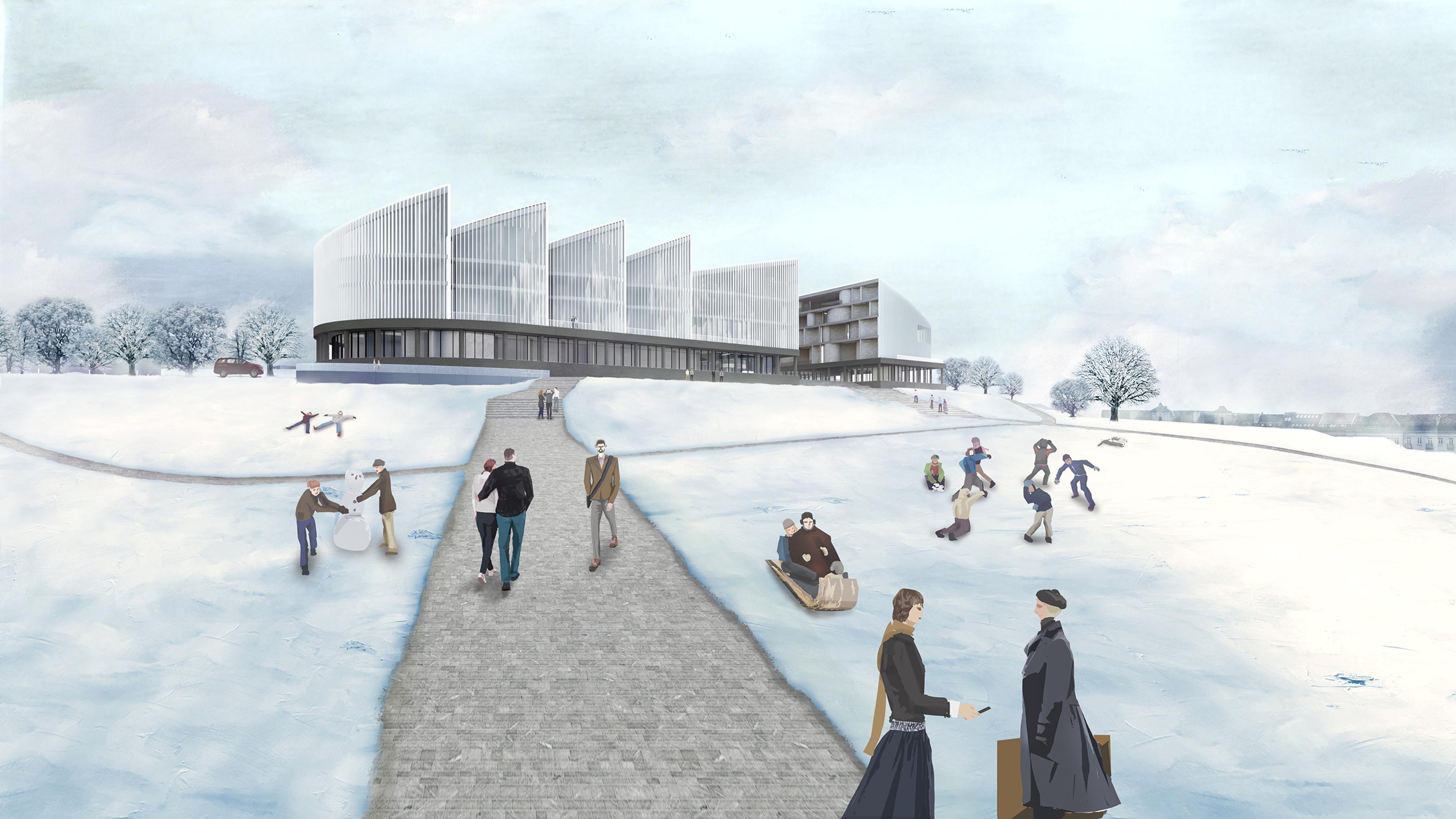 architectural rendering of proposed vilnius national concert hall with walkway in snow