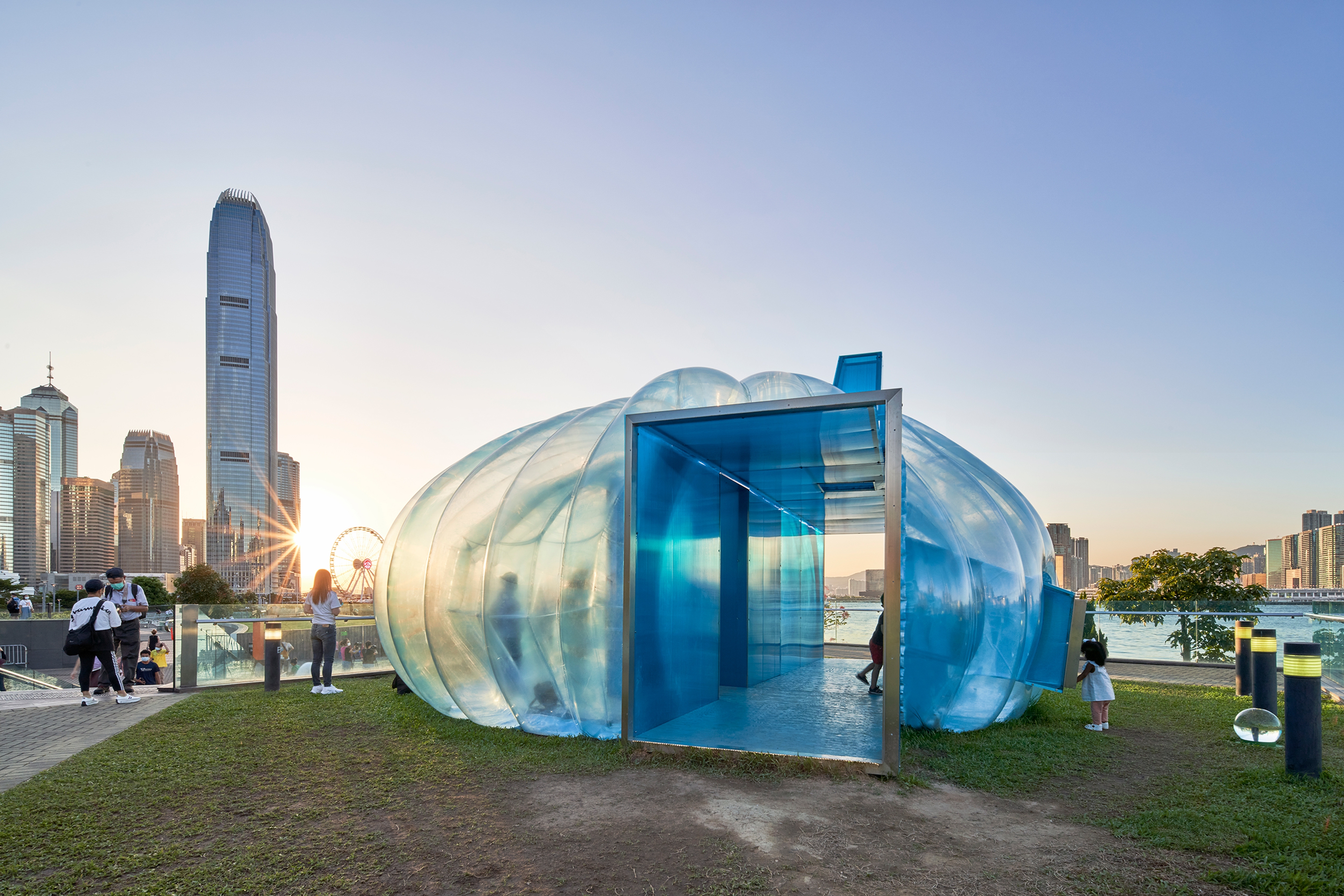 Temporary bubble art installation structure on Hong Kong harbour front