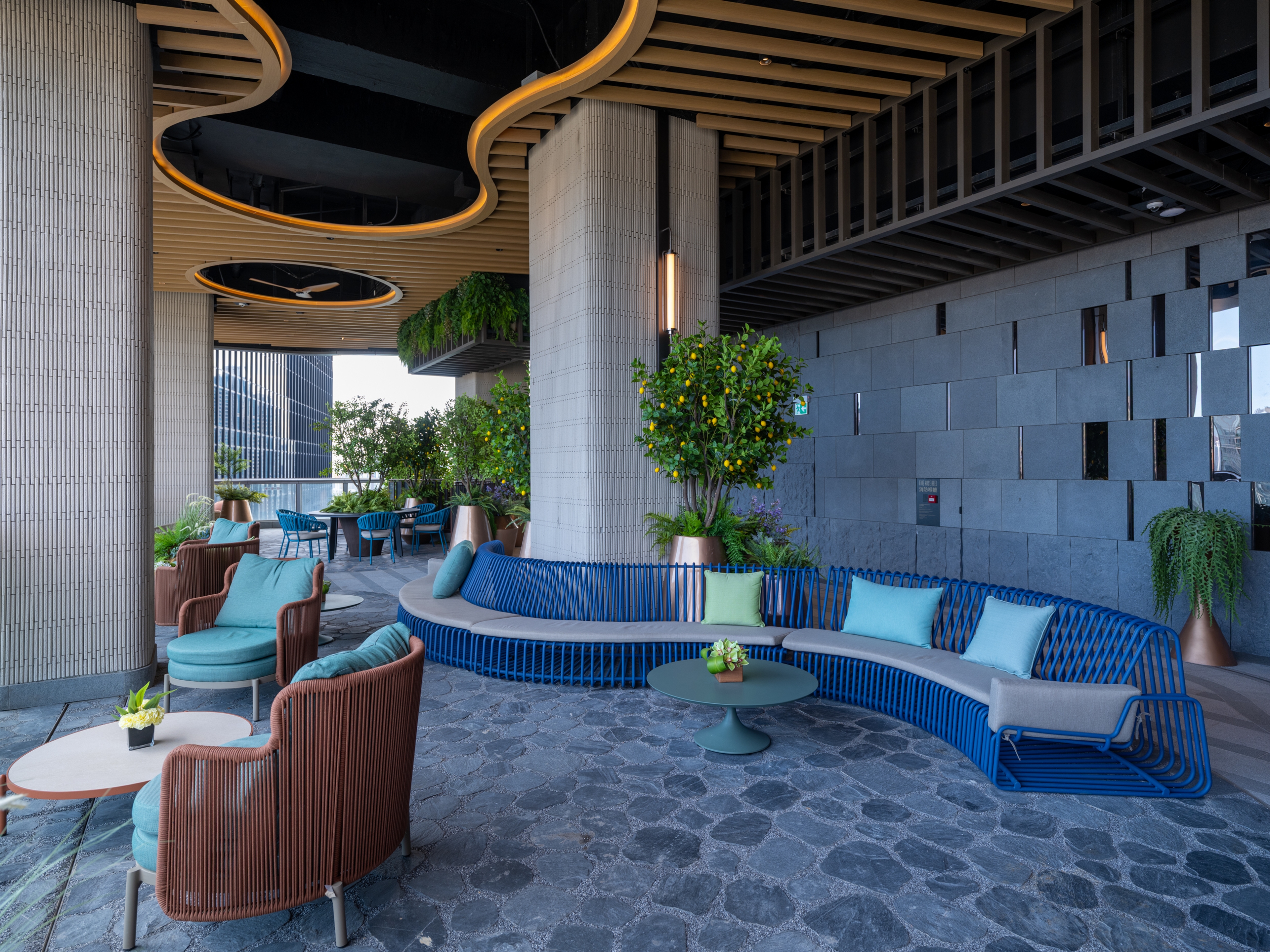 lounge area with textured stone floor