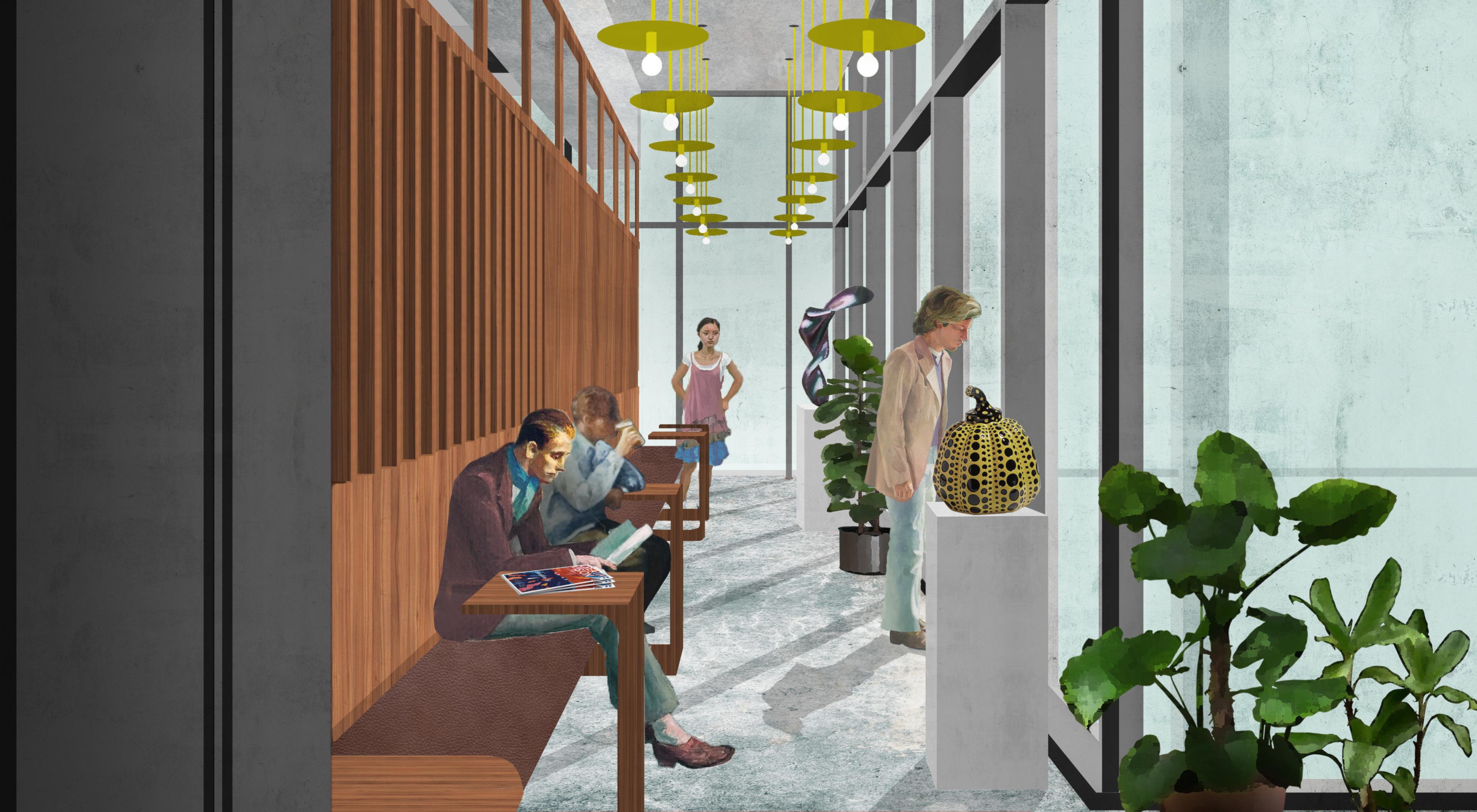 architectural rendering of modern office interior reception area with people