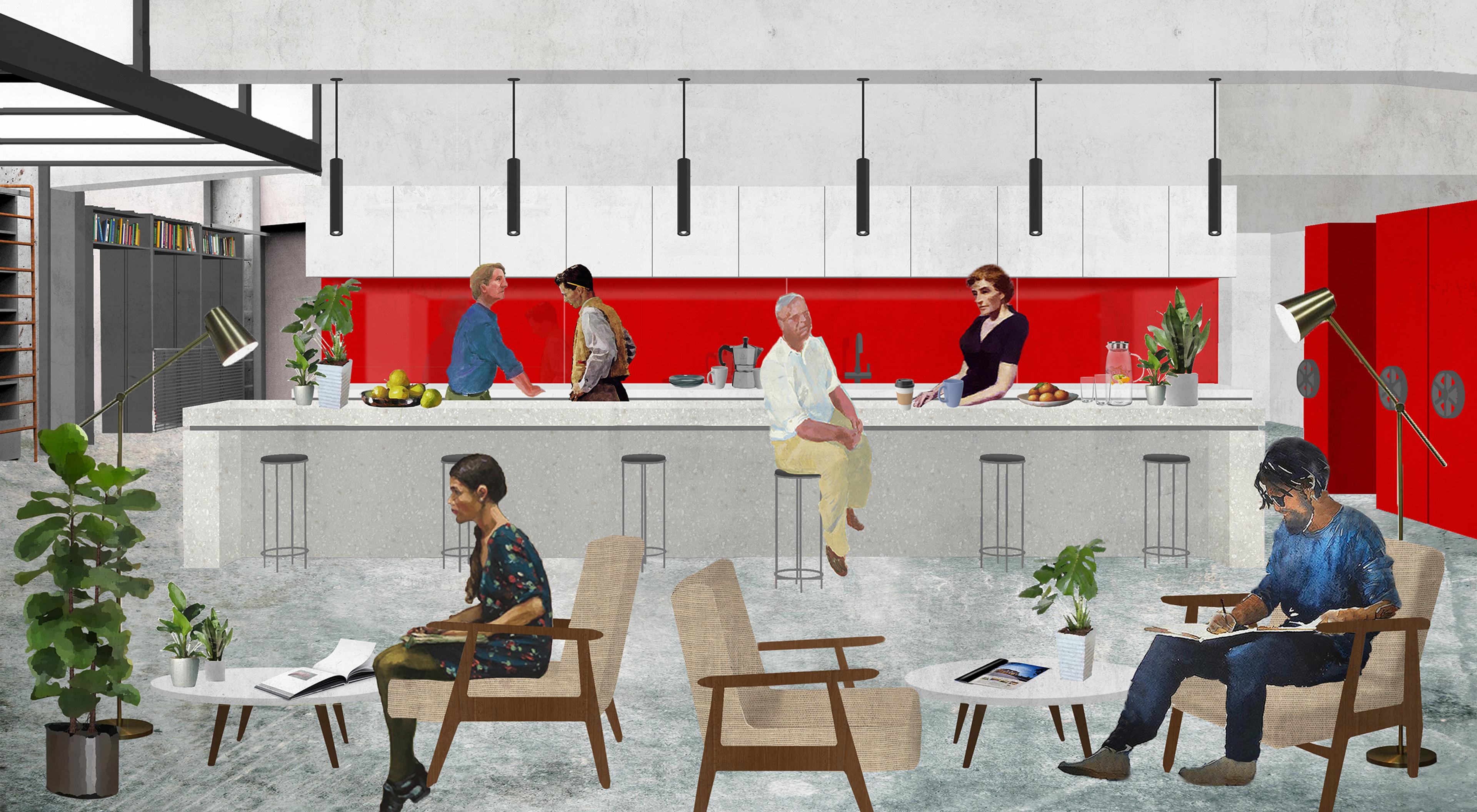 architectural rendering of modern office with bar and people