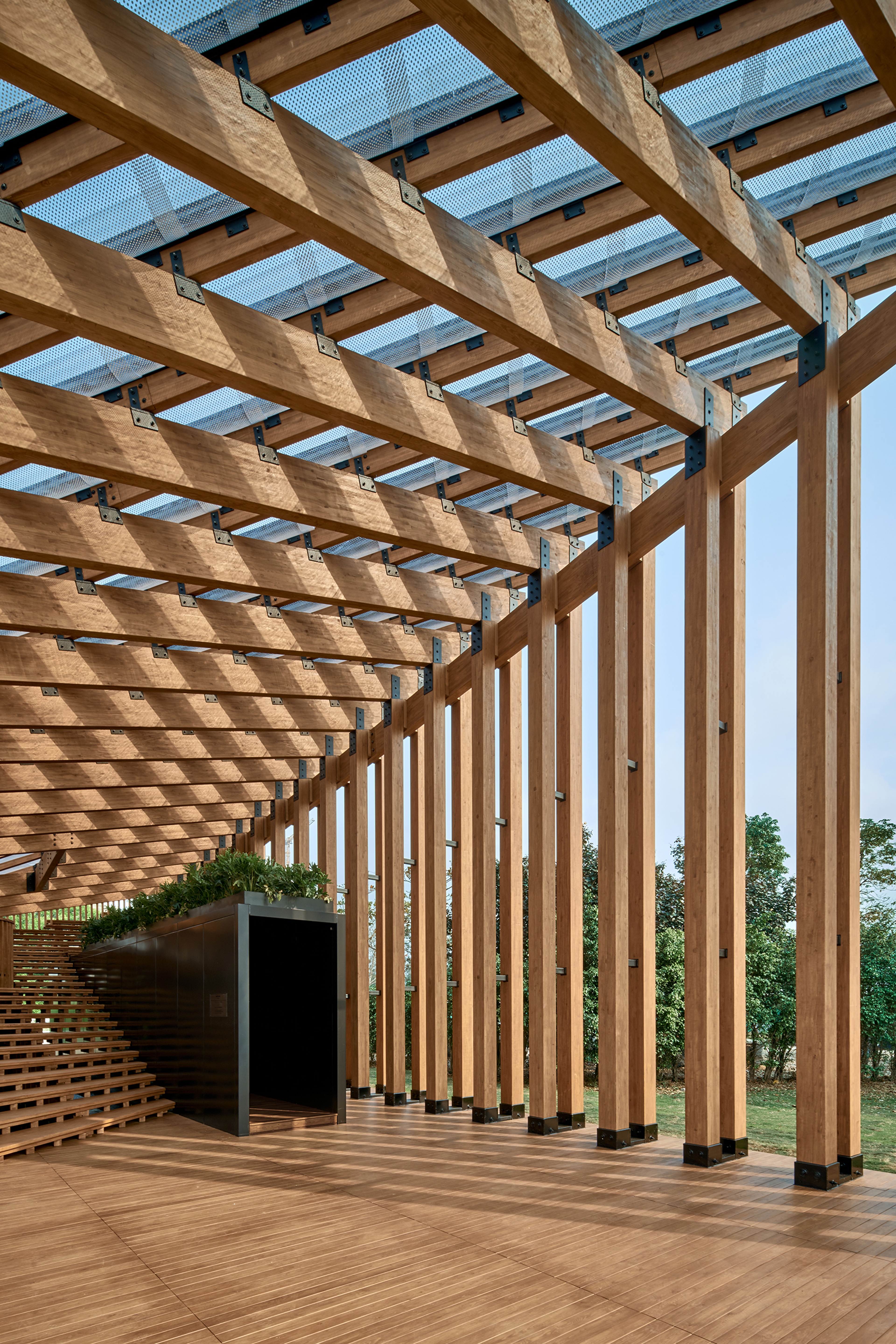 Inside view of Pavilion structure in daylight 