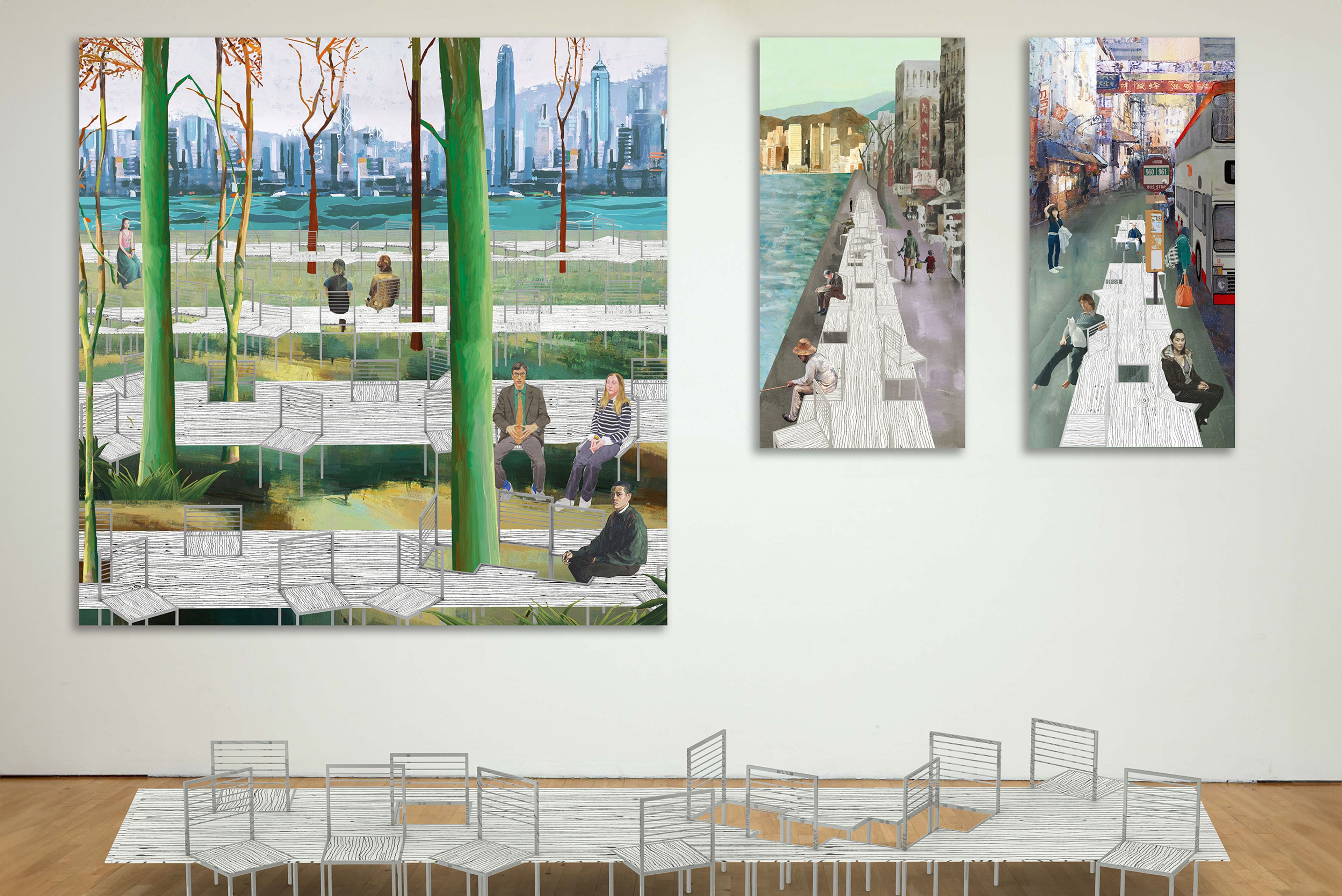 Architectural rendering of a furniture piece in a forest with people sitting