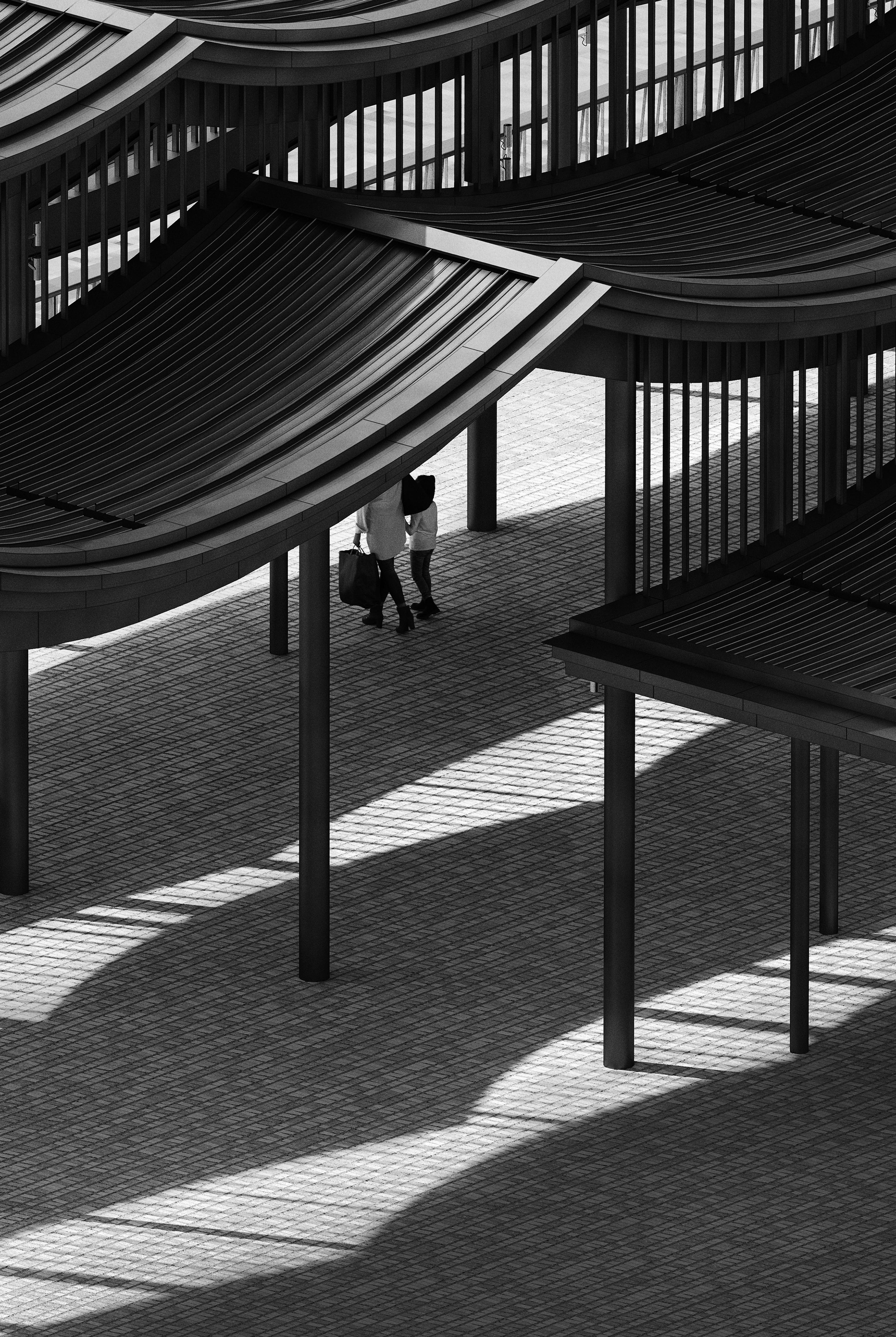 black and white view of undulating canopy with people walking
