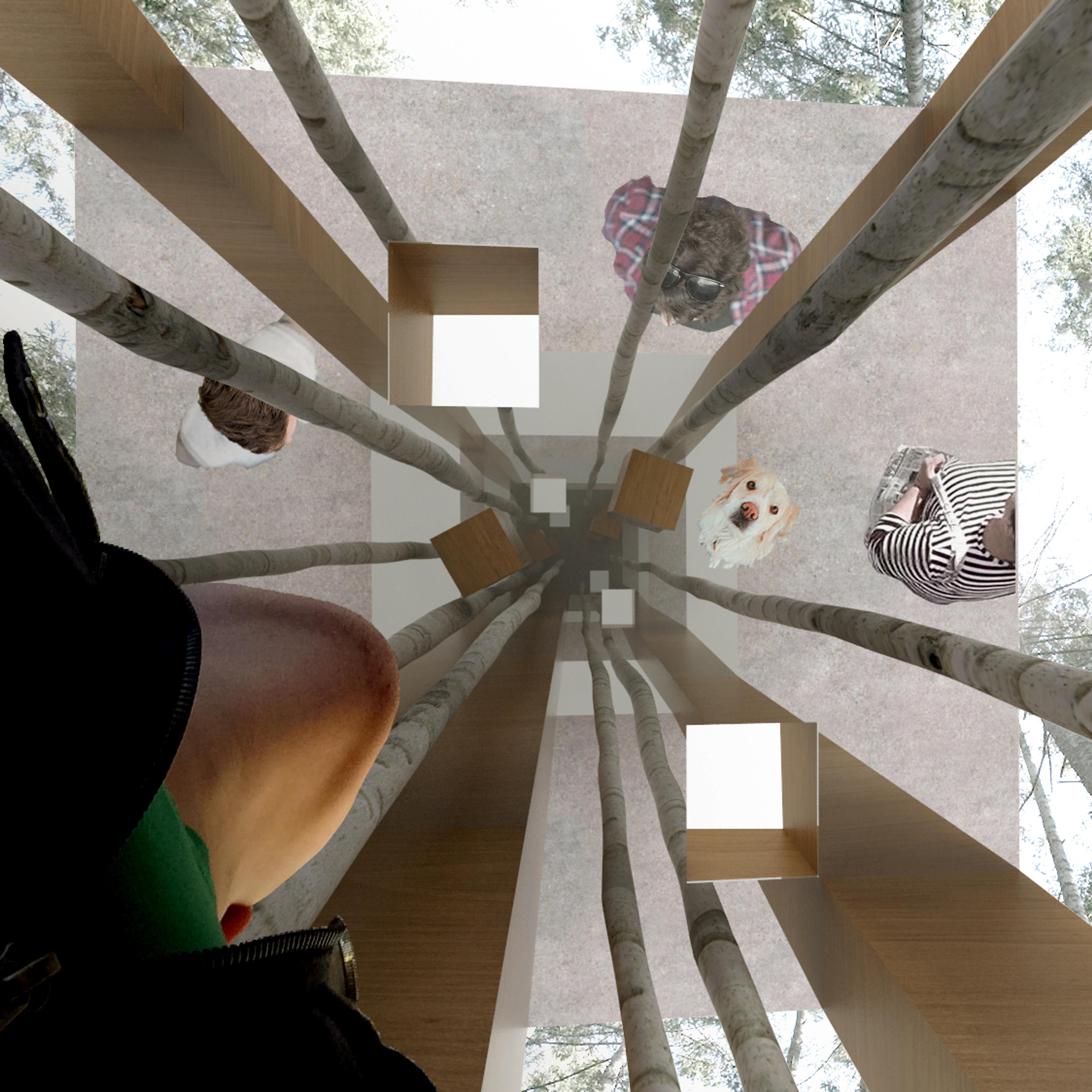 Architectural rendering inside art installation resembling a forest looking up