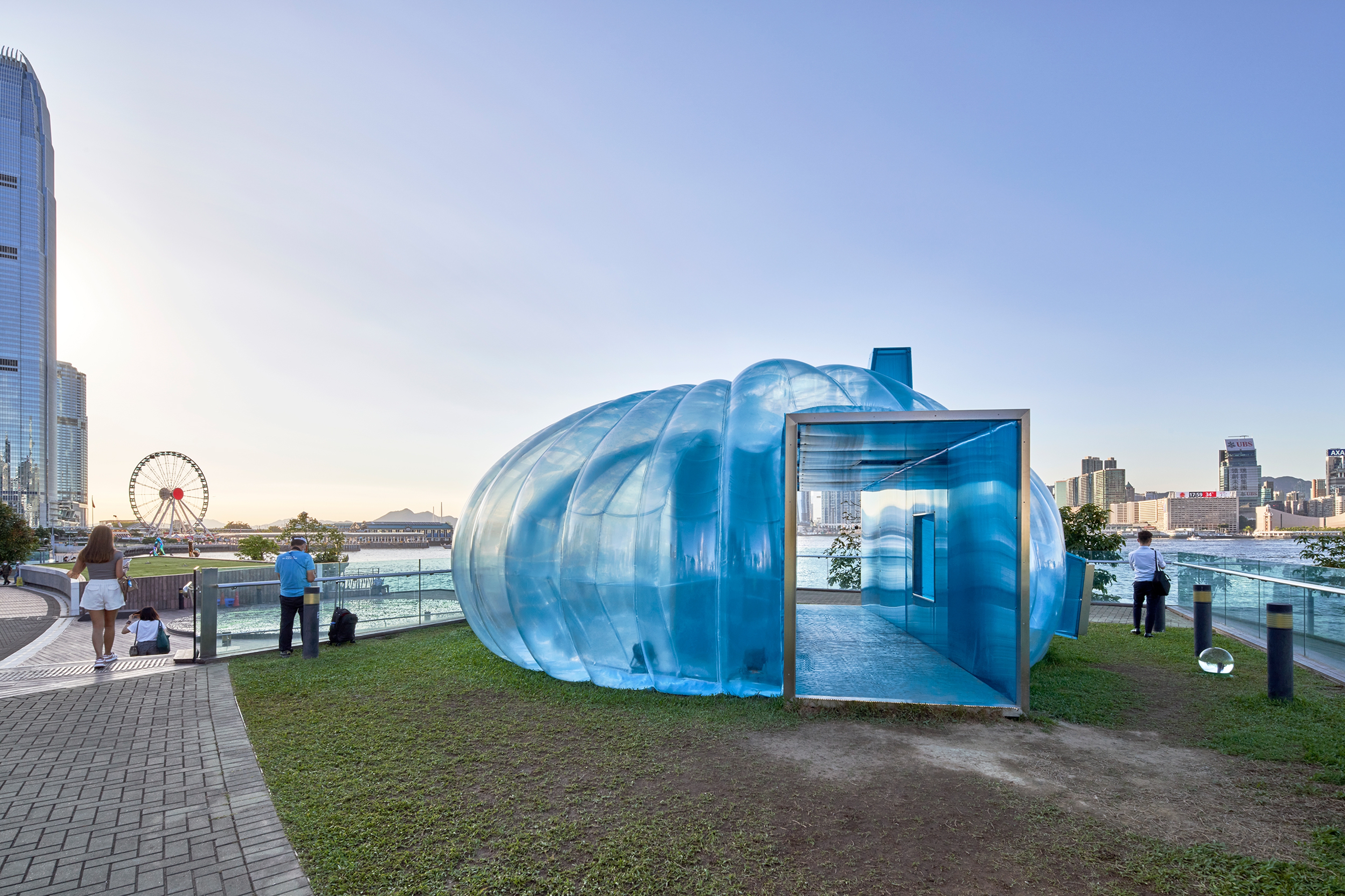 Temporary bubble art installation structure on Hong Kong harbour front 