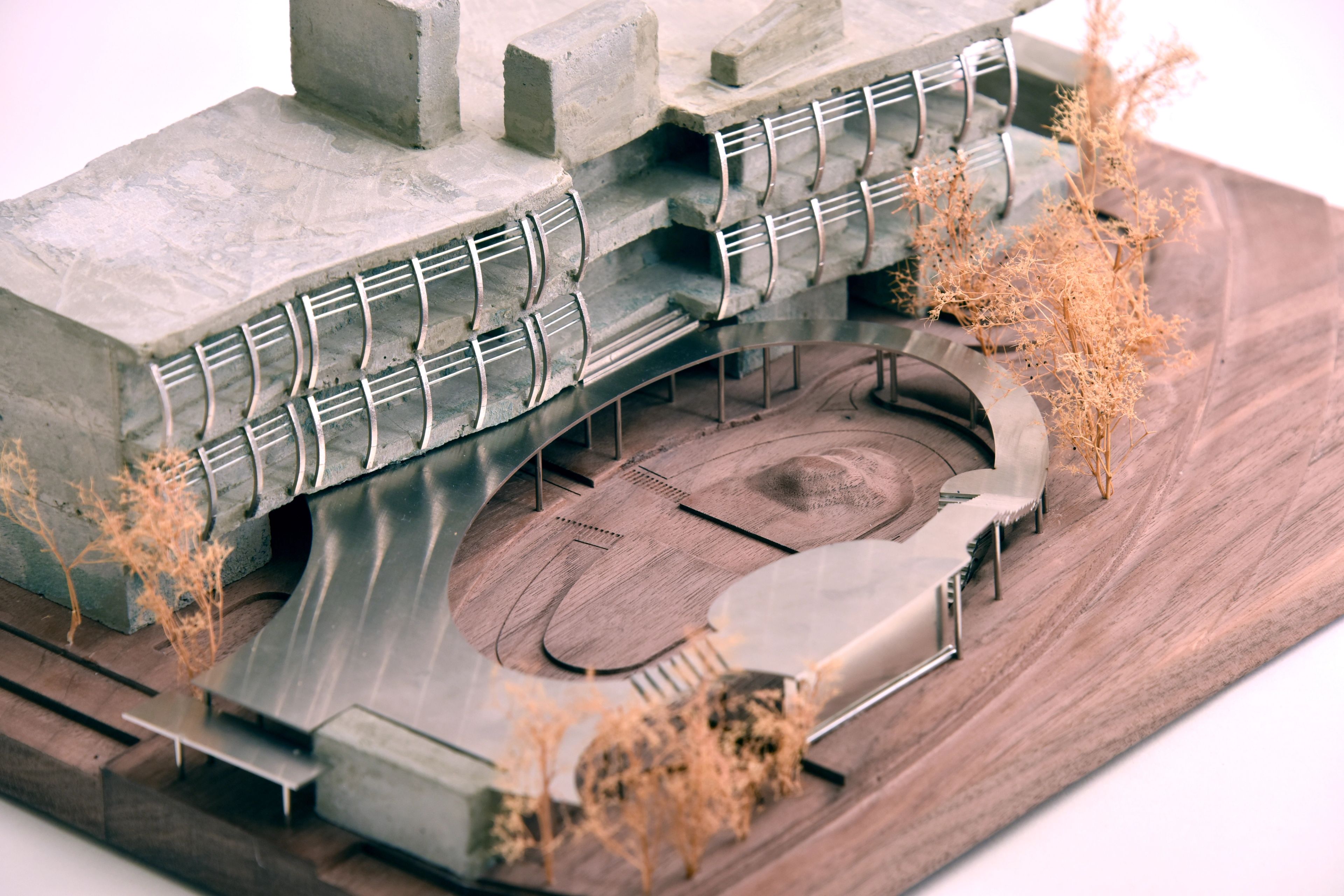 architectural model made of concrete and walnut wood