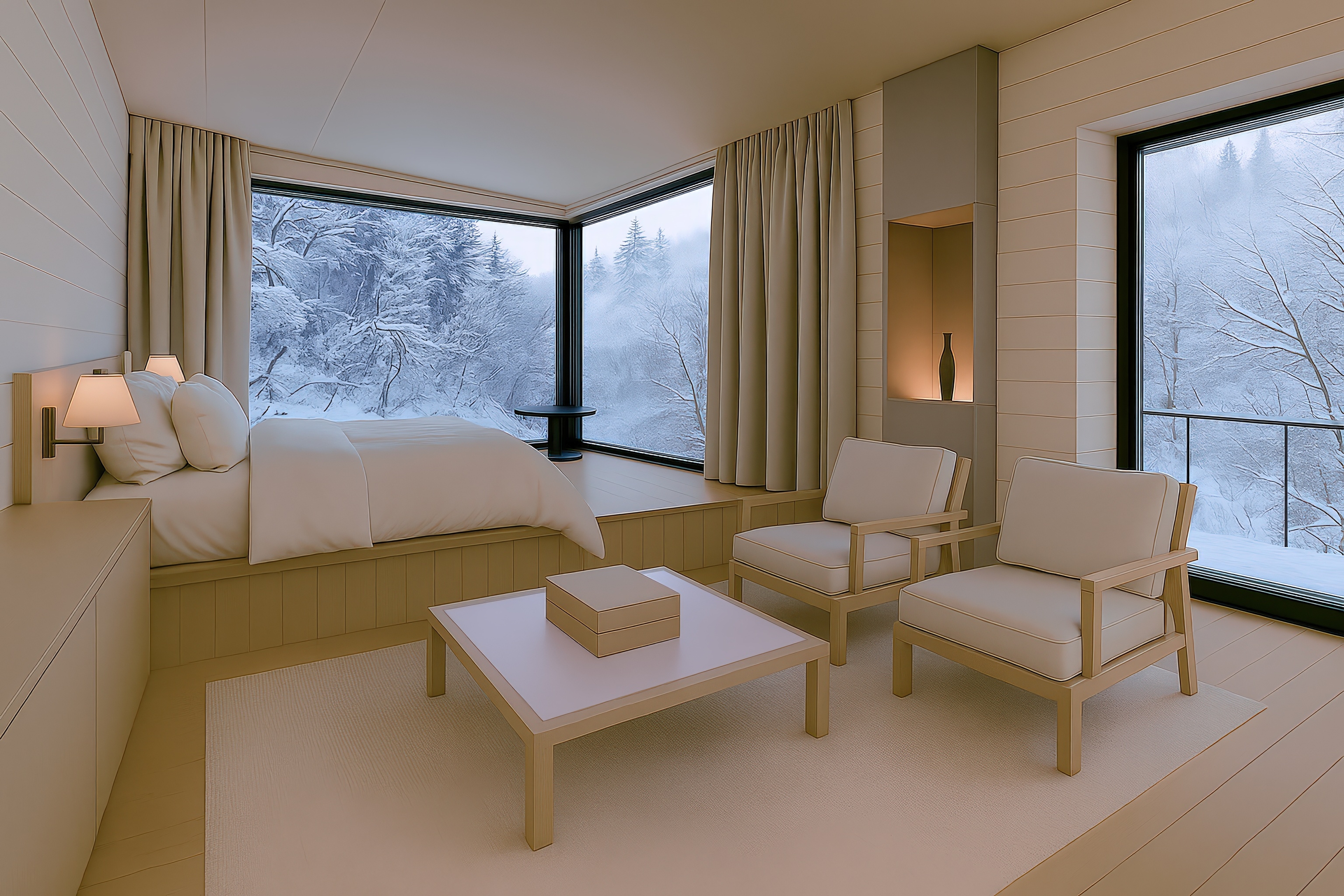 Wood cabin interior with bed and living area