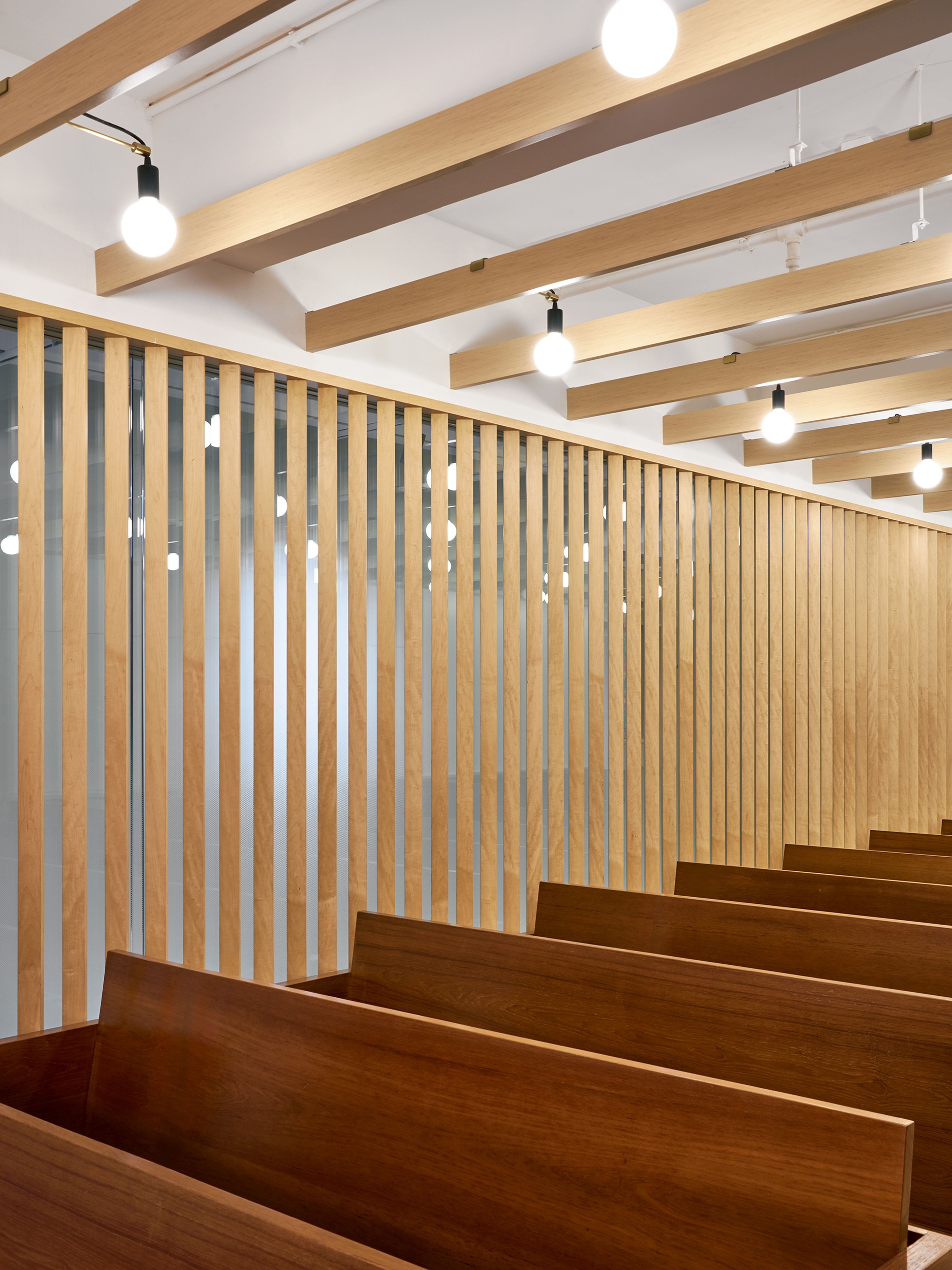 modern church interior with pews