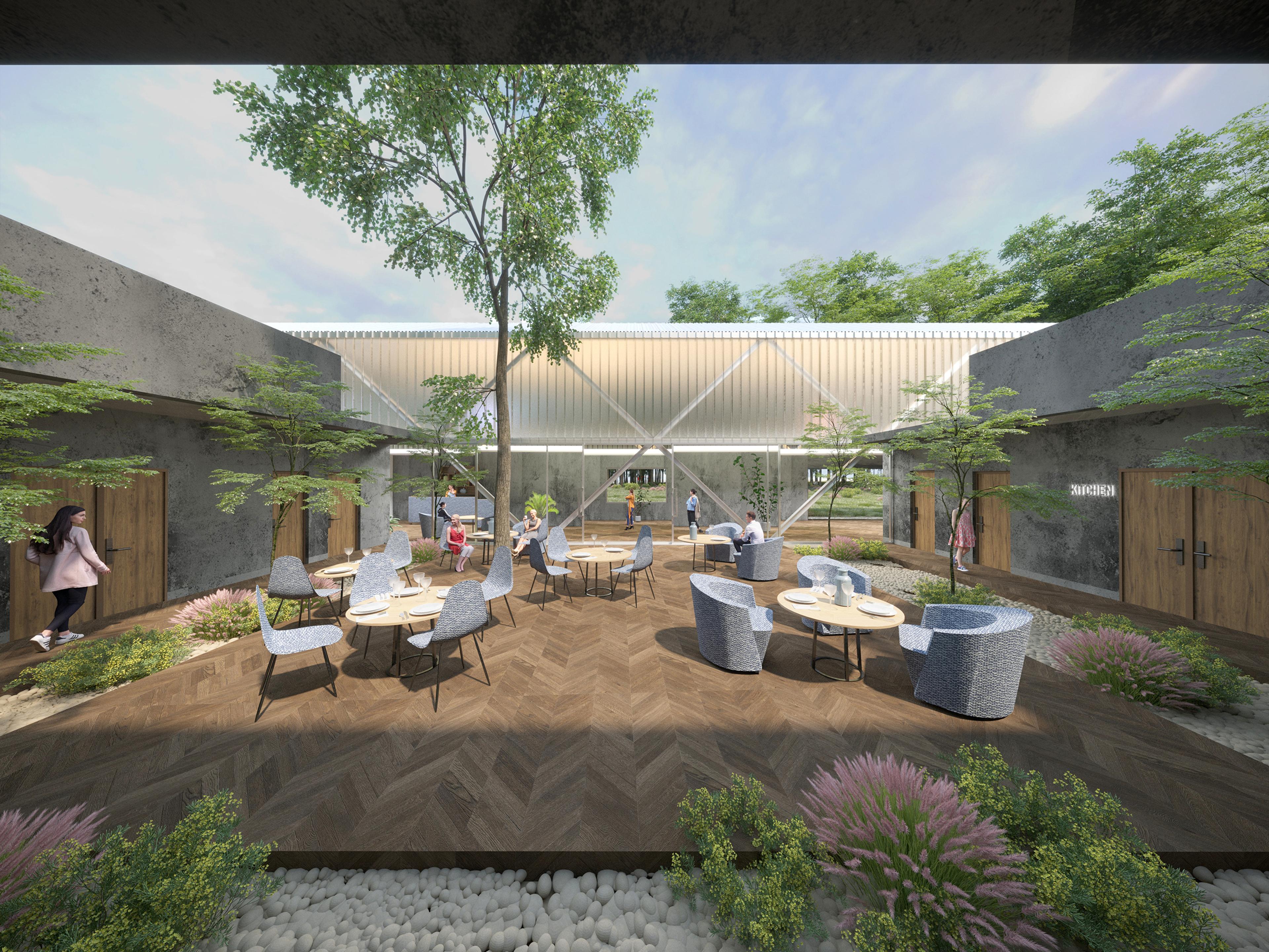 architectural rendering of cafe space within a building courtyard with trees tables and chairs
