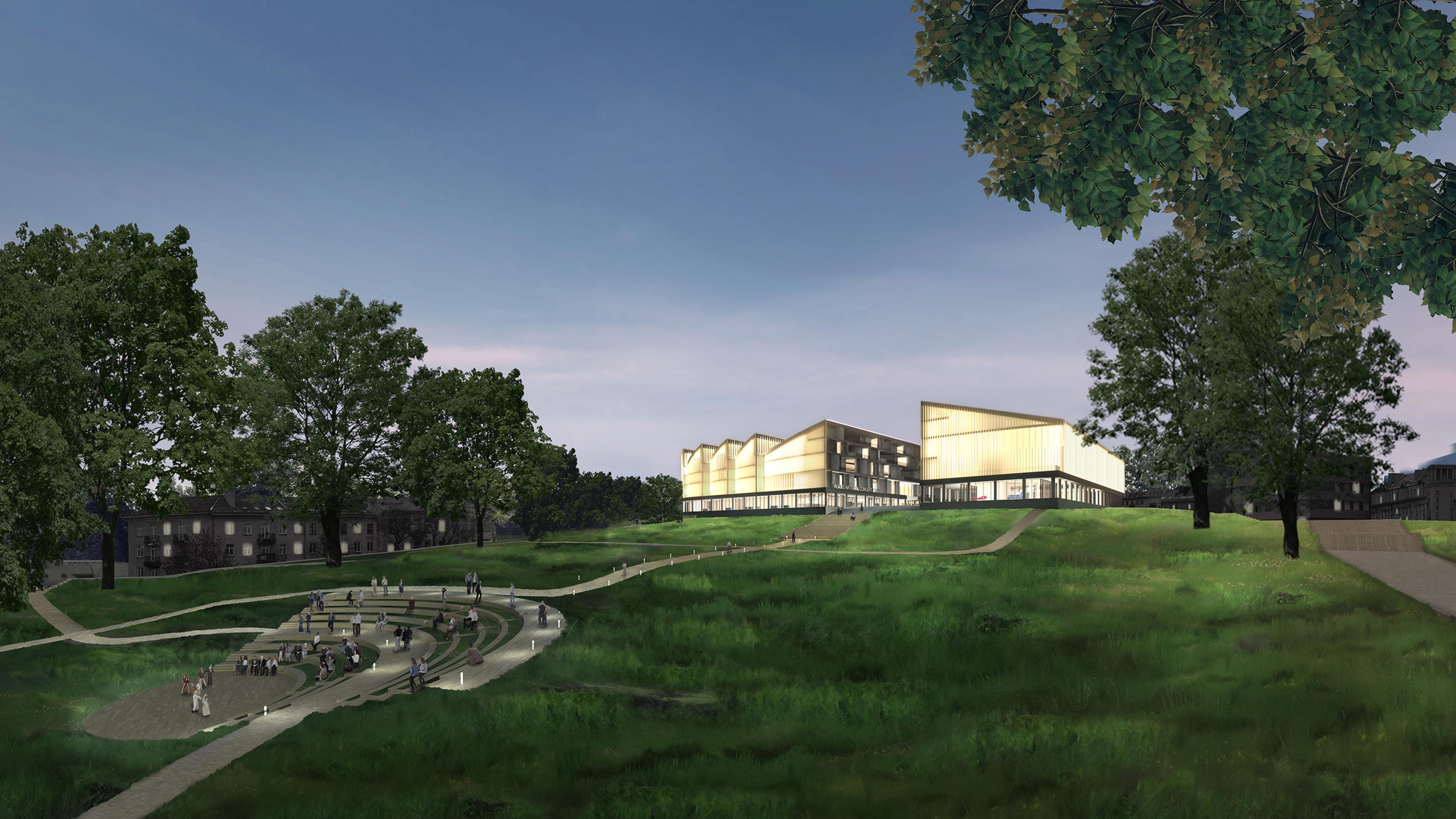 architectural rendering of proposed vilnius national concert hall on a hill at night