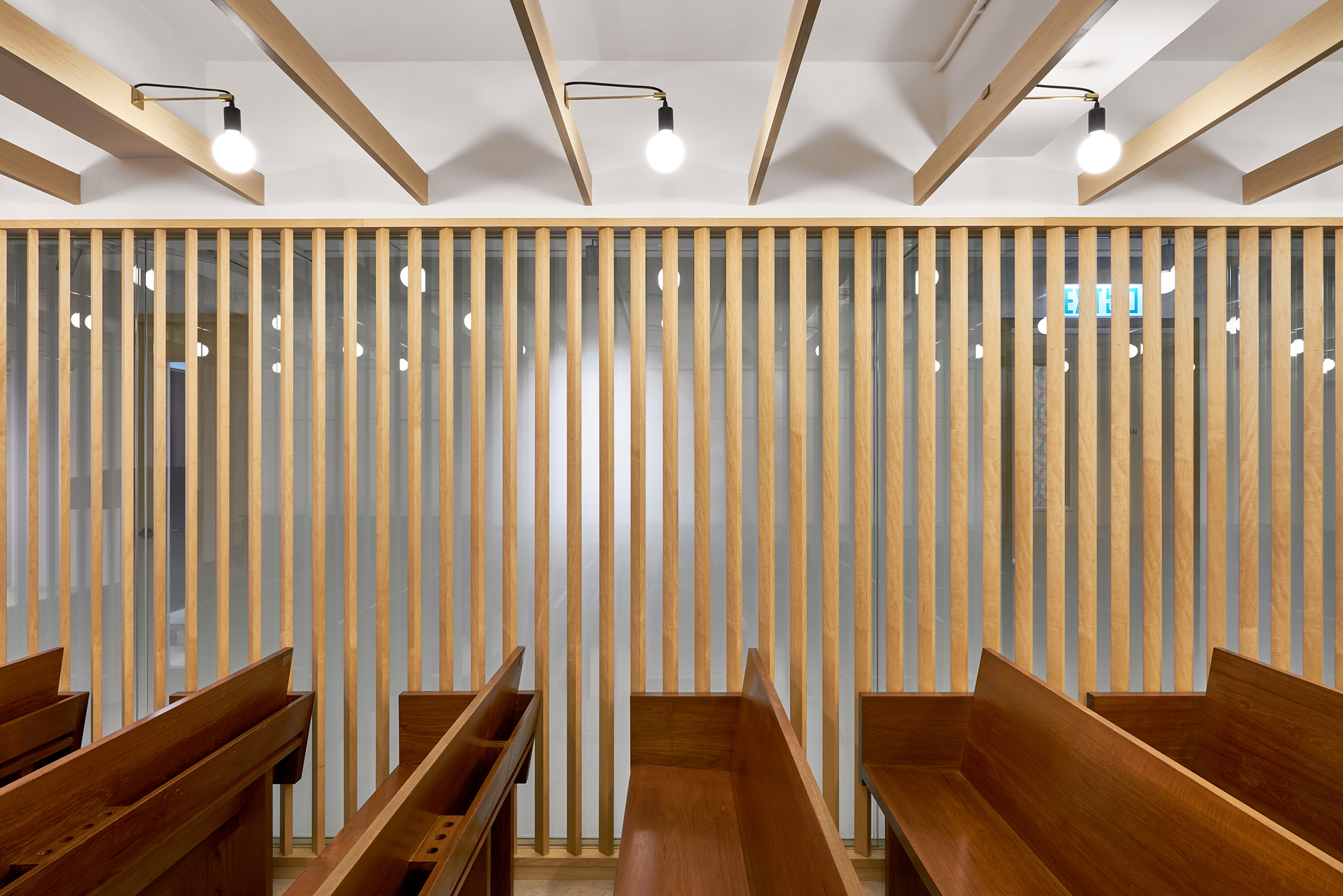 modern church interior with pews