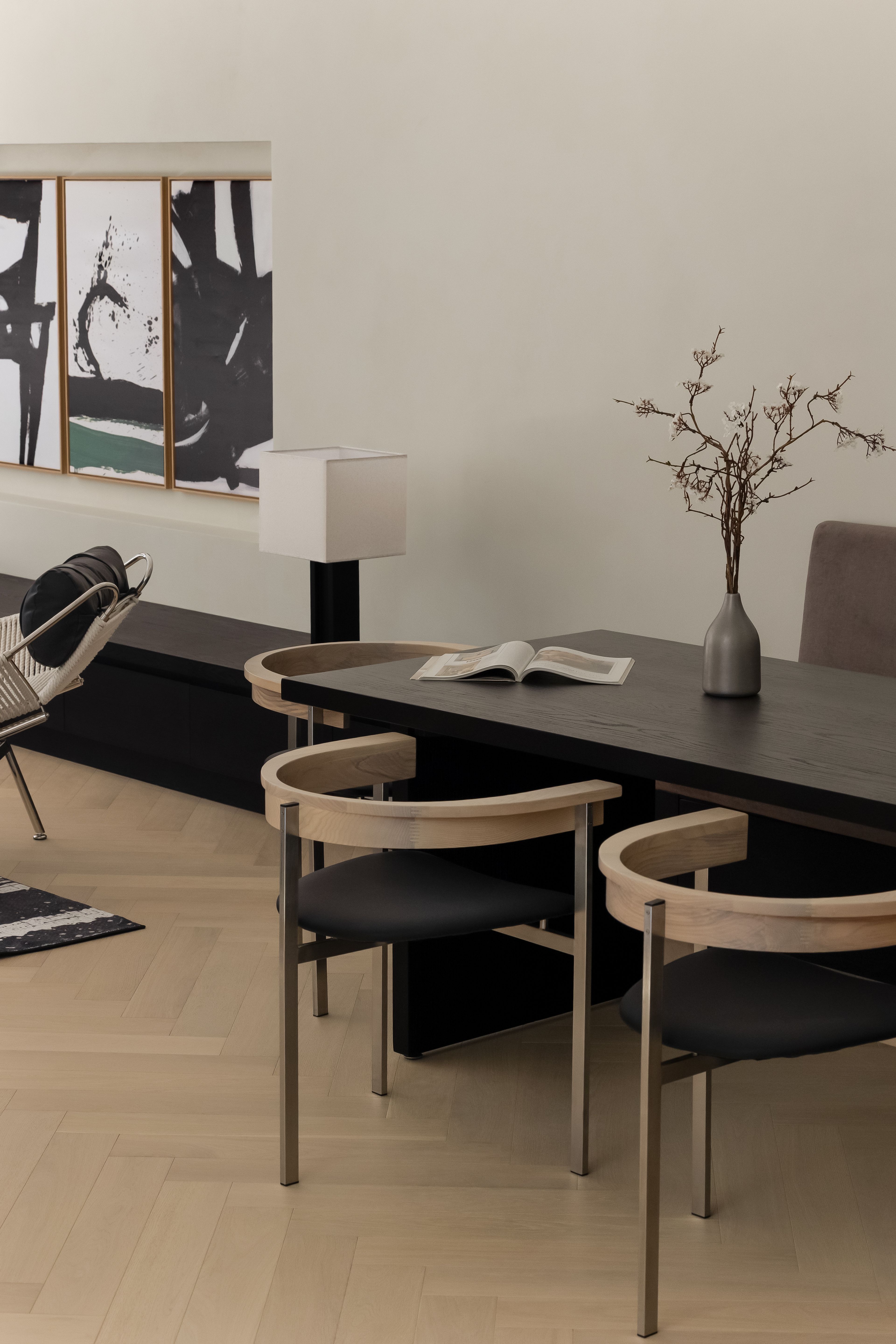 Black wood dining table and chairs with long bench