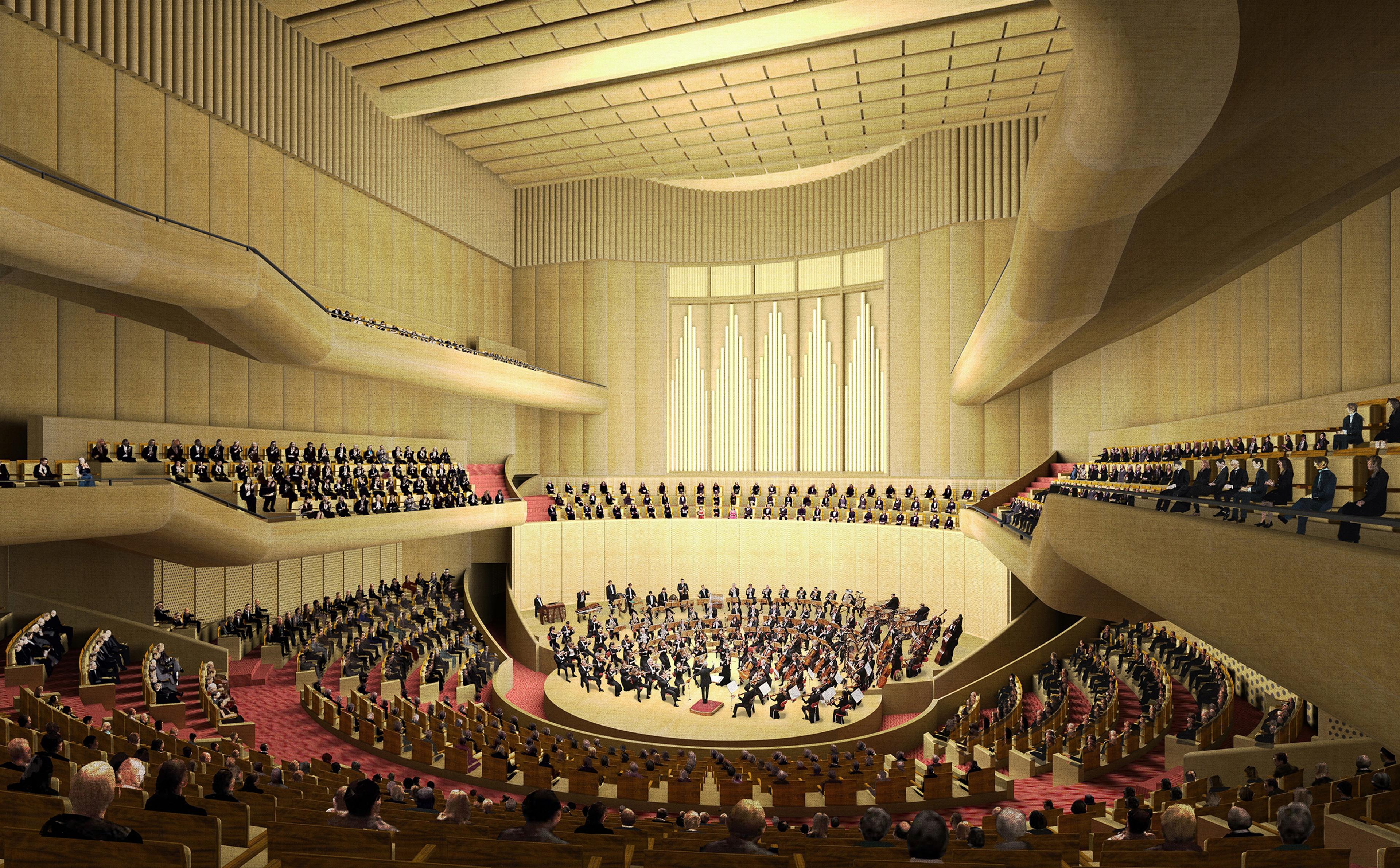 architectural rendering inside proposed vilnius national concert hall during performance