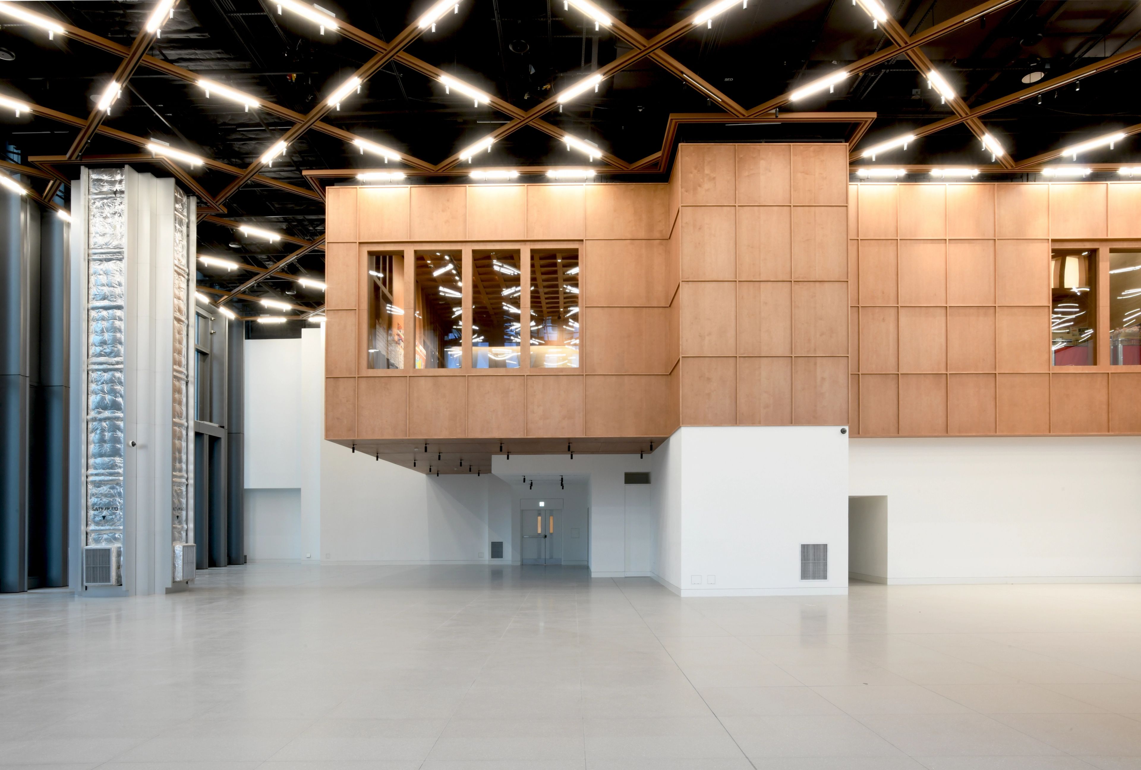 View of triple height multi-purpose hall with timber clad suspended volume