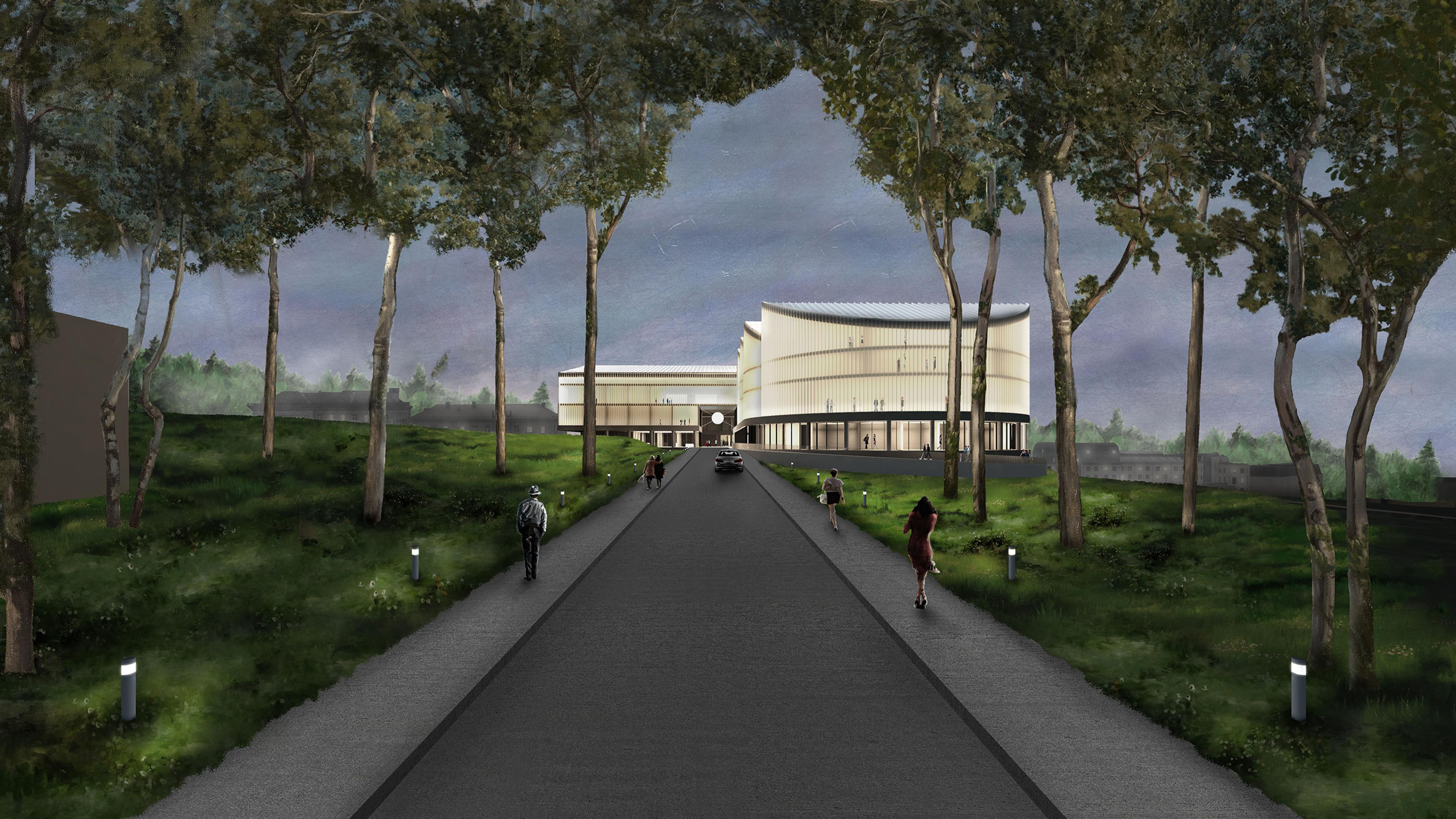 architectural rendering of proposed vilnius national concert hall with walkway in forest at night