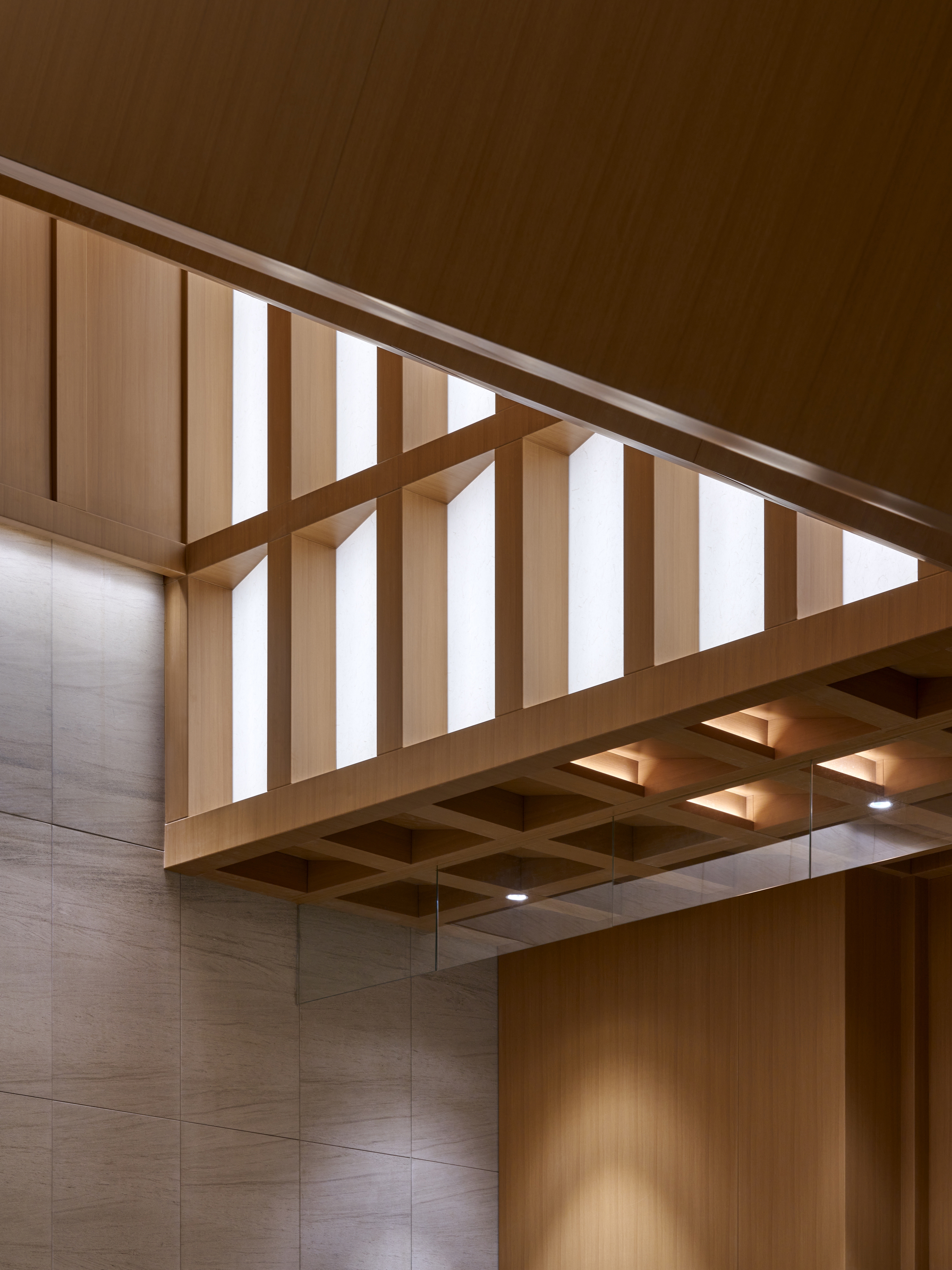 Detail of wood grid wall and shoji light box