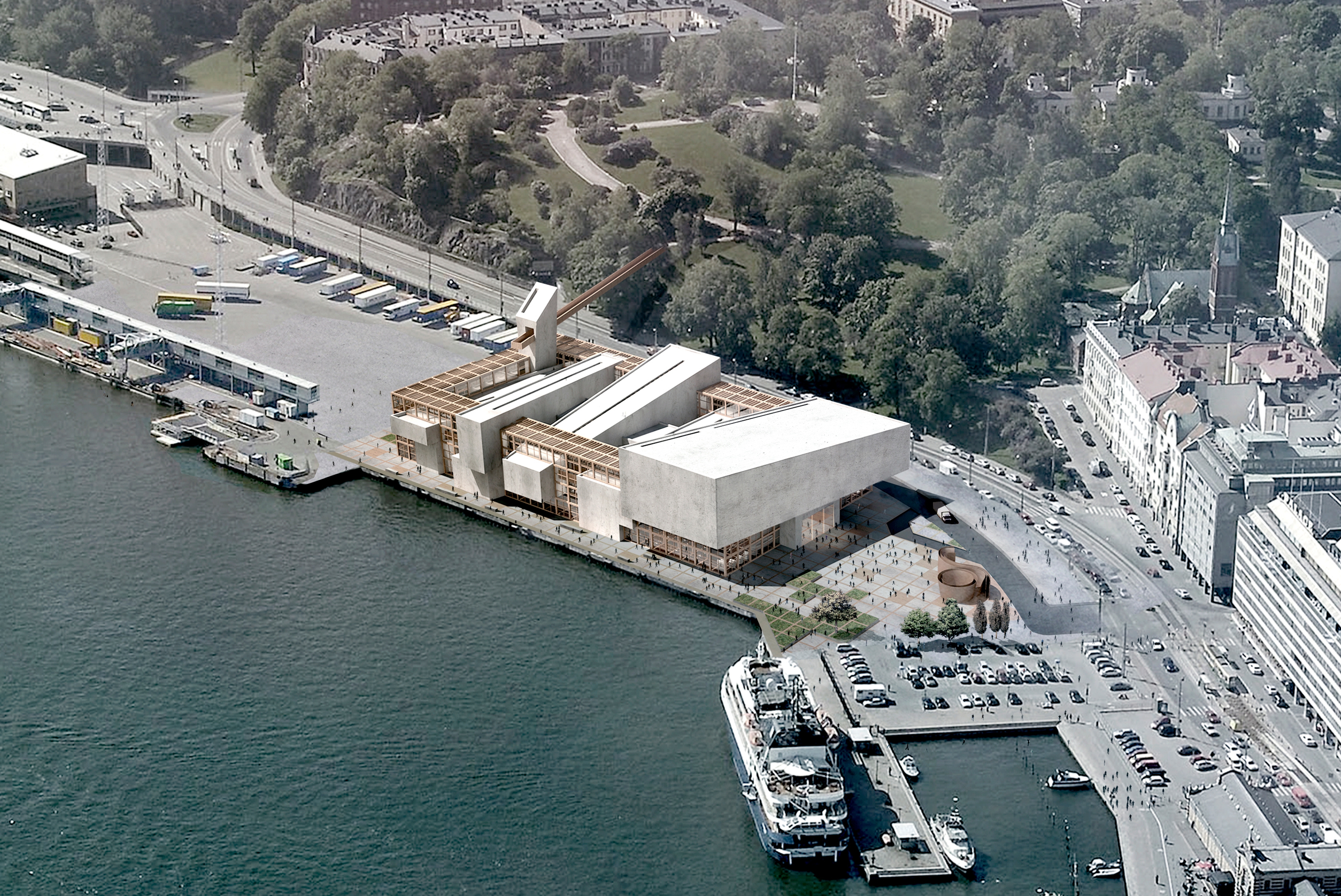 Wide view of building along harbourfront