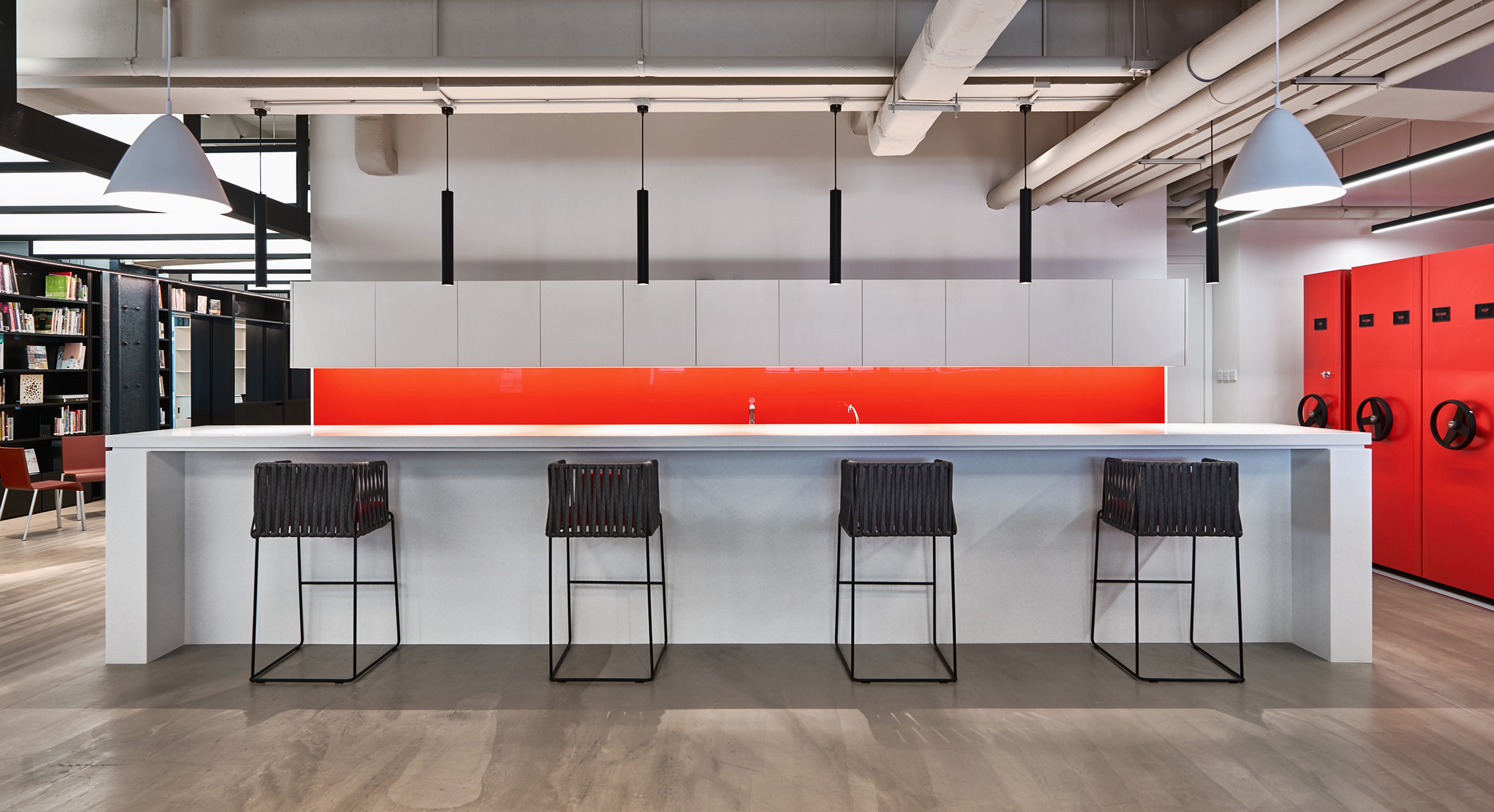 modern office interior with long table and high chairs