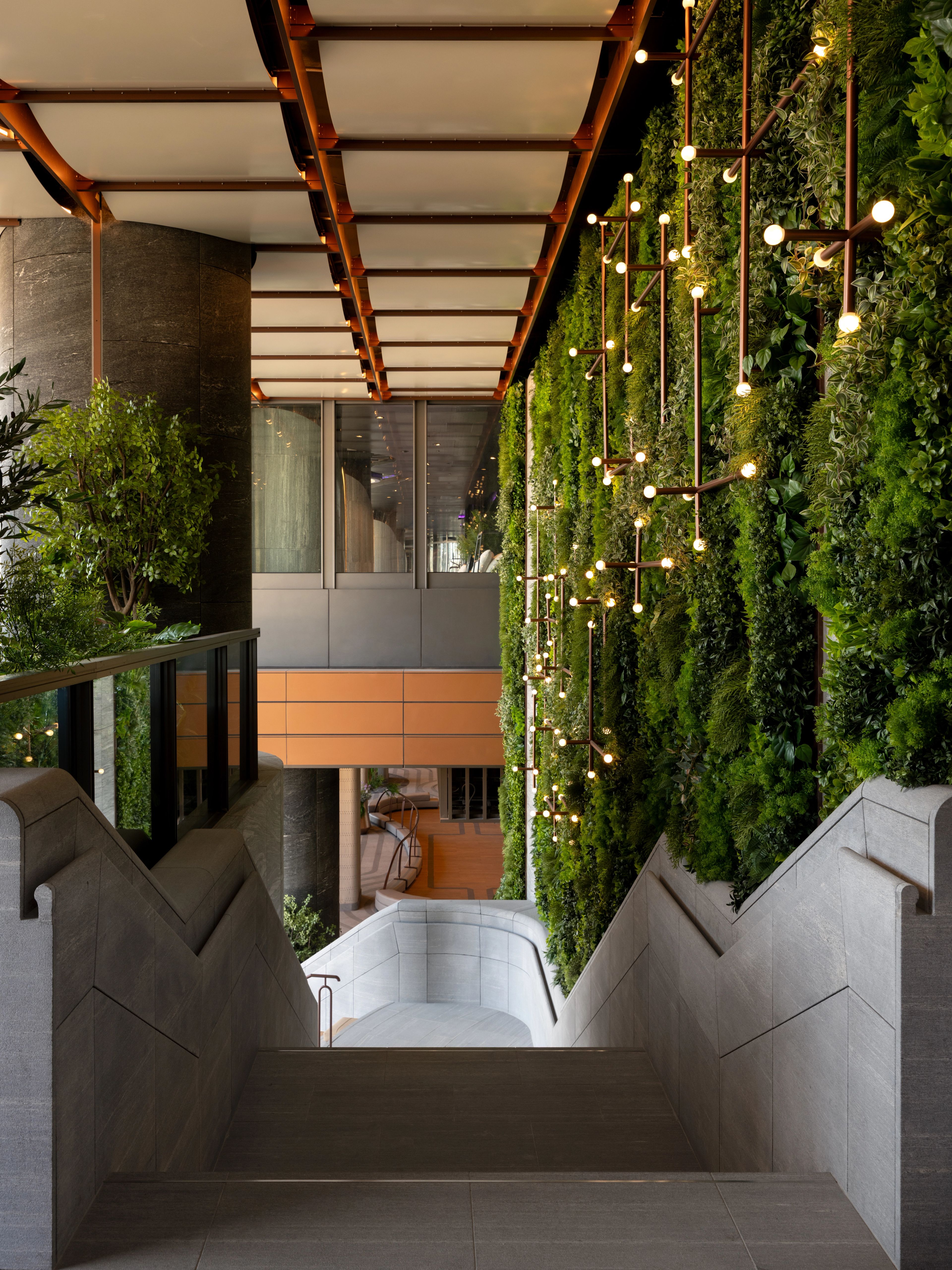descending curved stone stair with lush green wall 