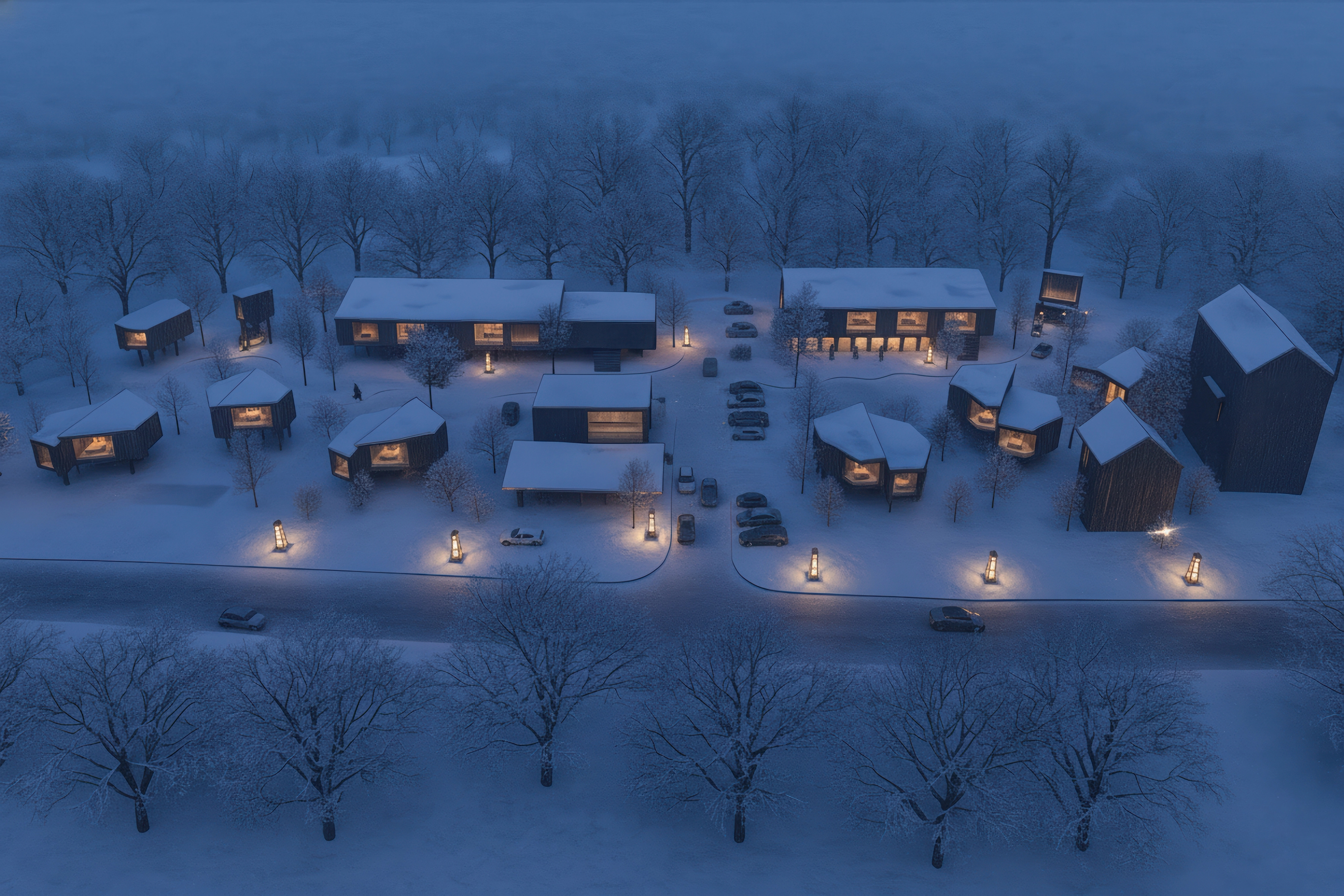 Aerial view of cabin retreat in snowy landscape