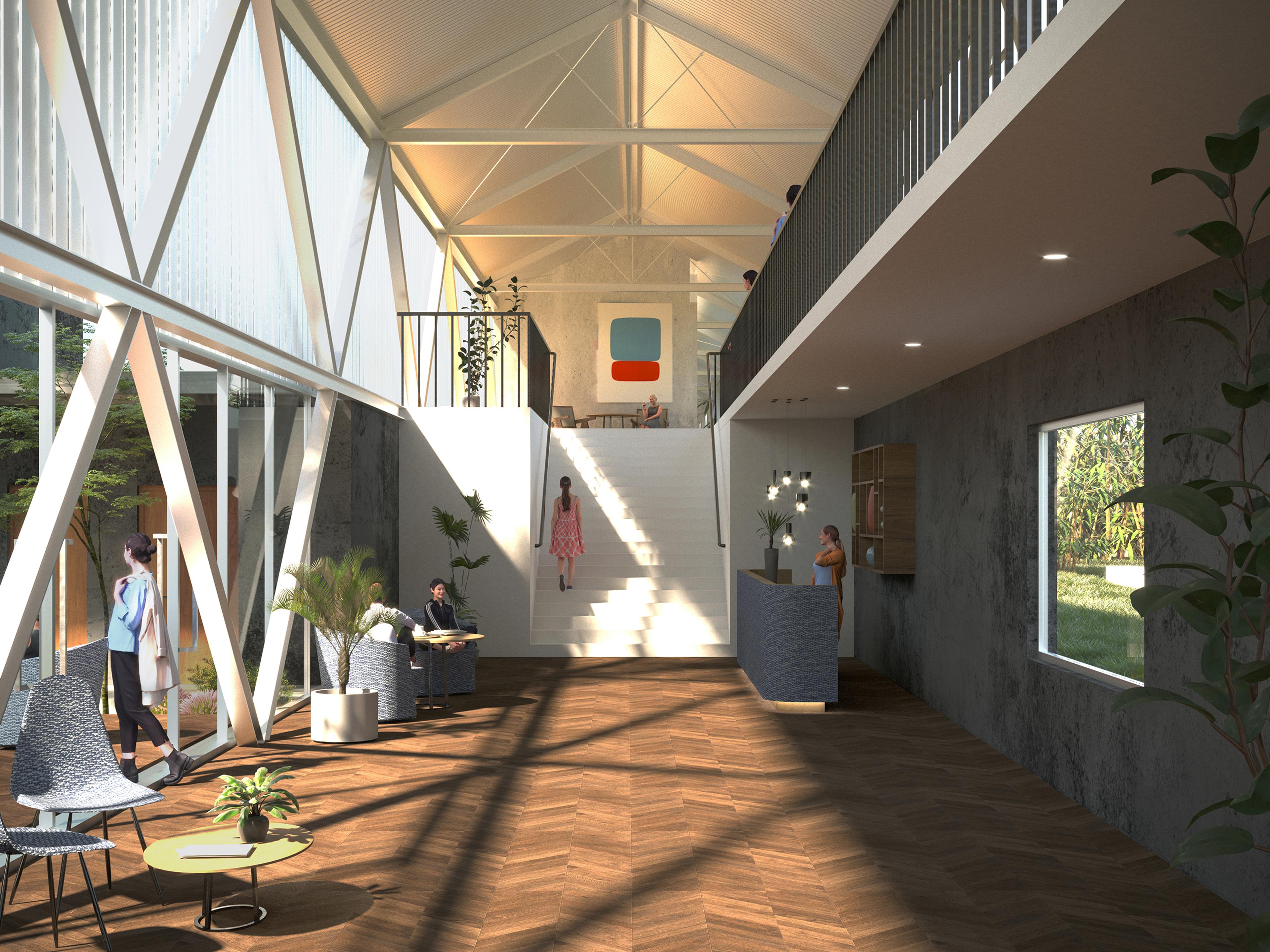 architectural rendering of interior of modern structure