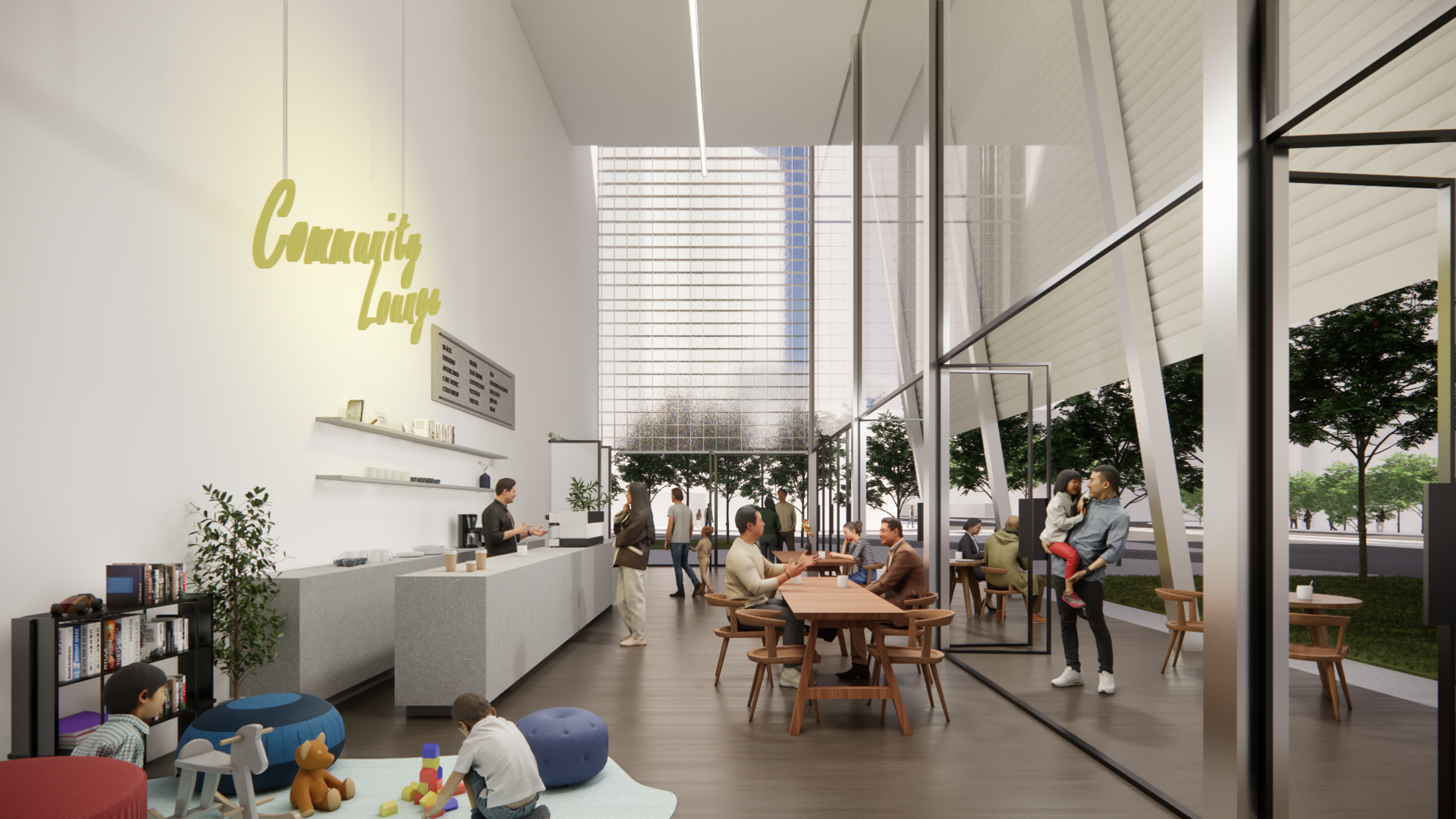 Community lounge with cafe and glass brick walls connecting interior and exterior