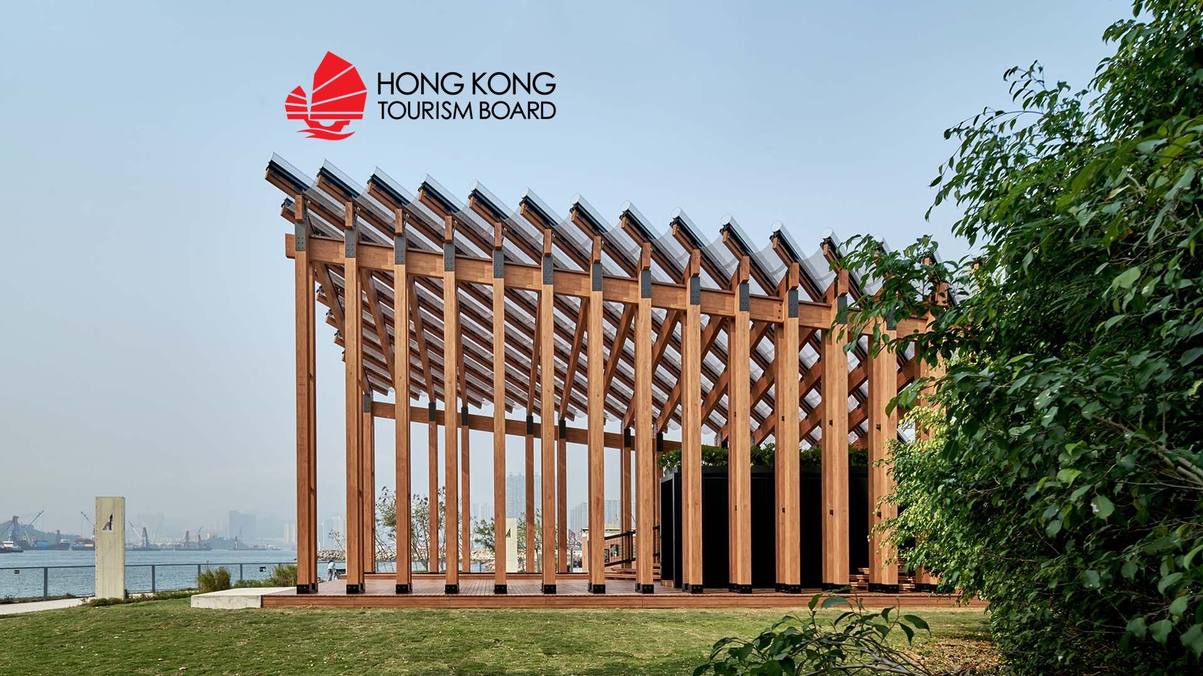 The Growing Up timber pavilion by New Office Works on the West Kowloon waterfront, featured by the Hong Kong Tourism Board