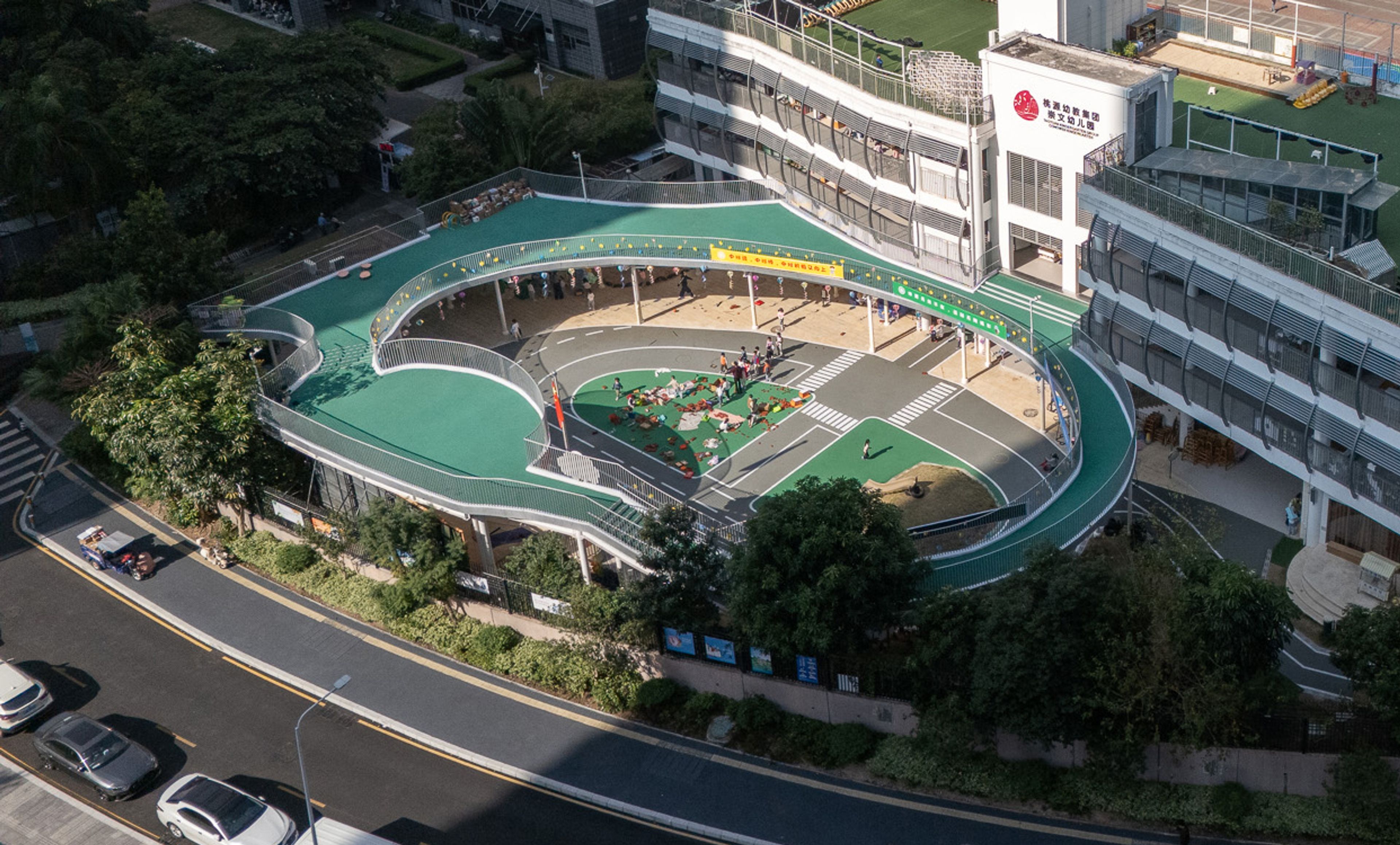 School building with large playground