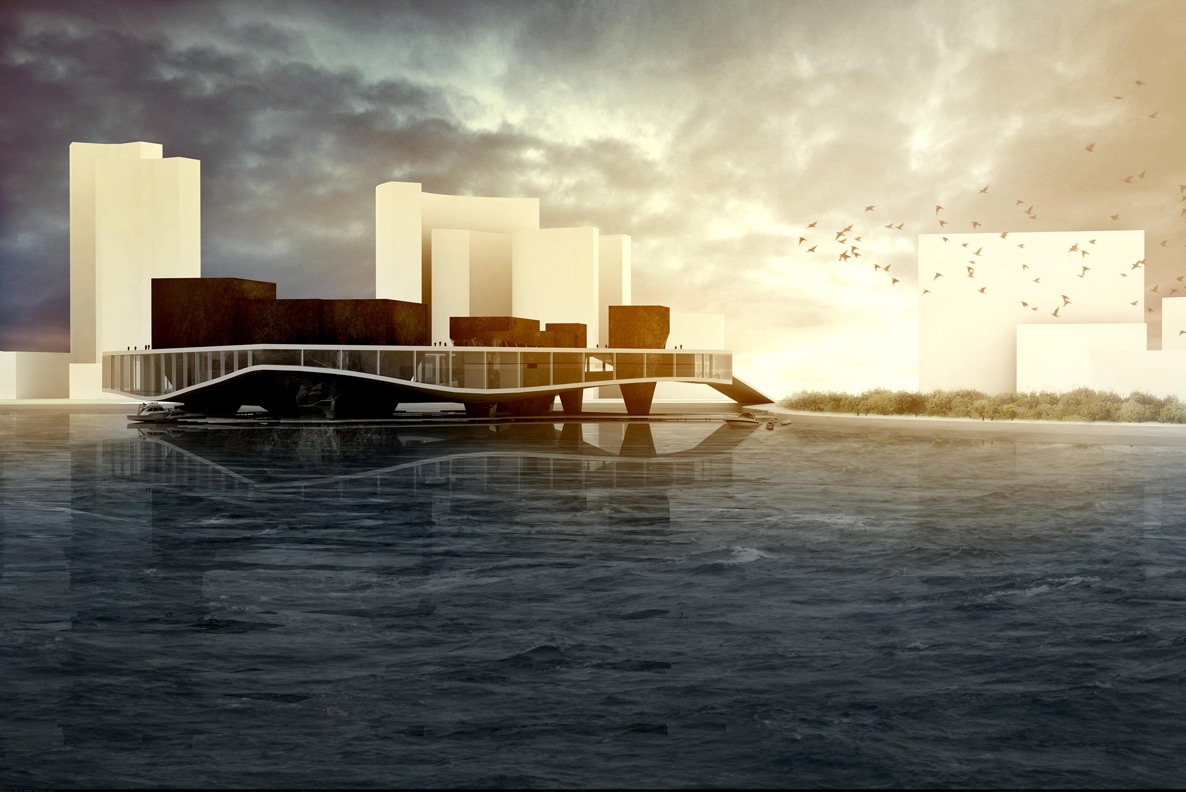 Architectural rendering of a opera house structure on the waterfront