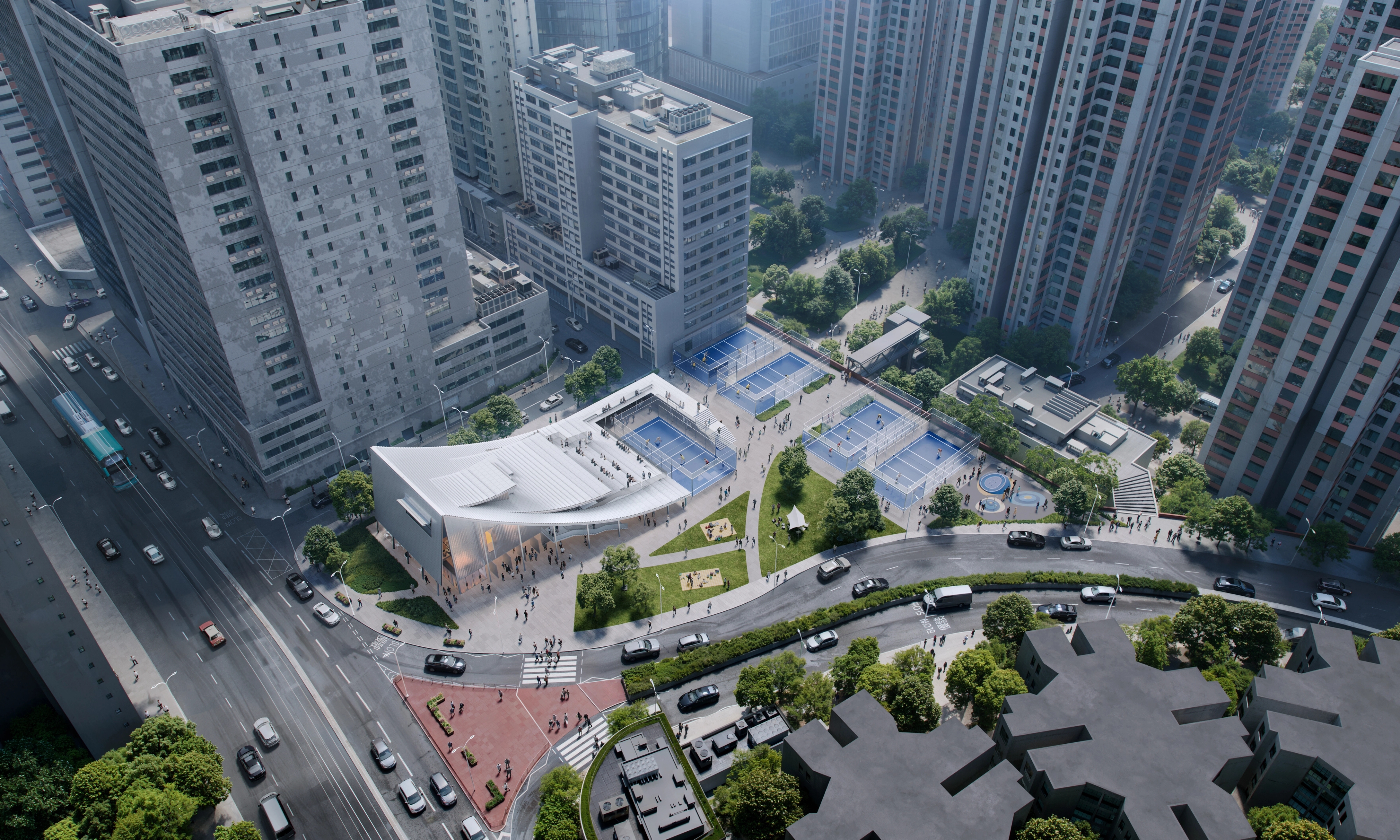Aerial view of curved glass pavilion with padel courts