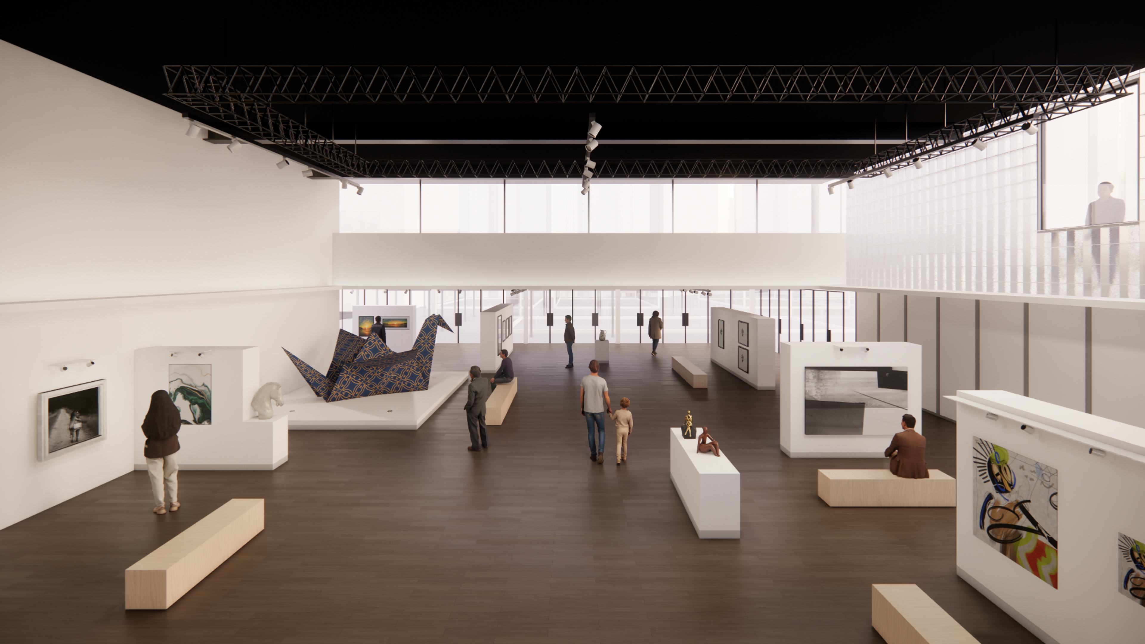 Interior of exhibition hall with artwork