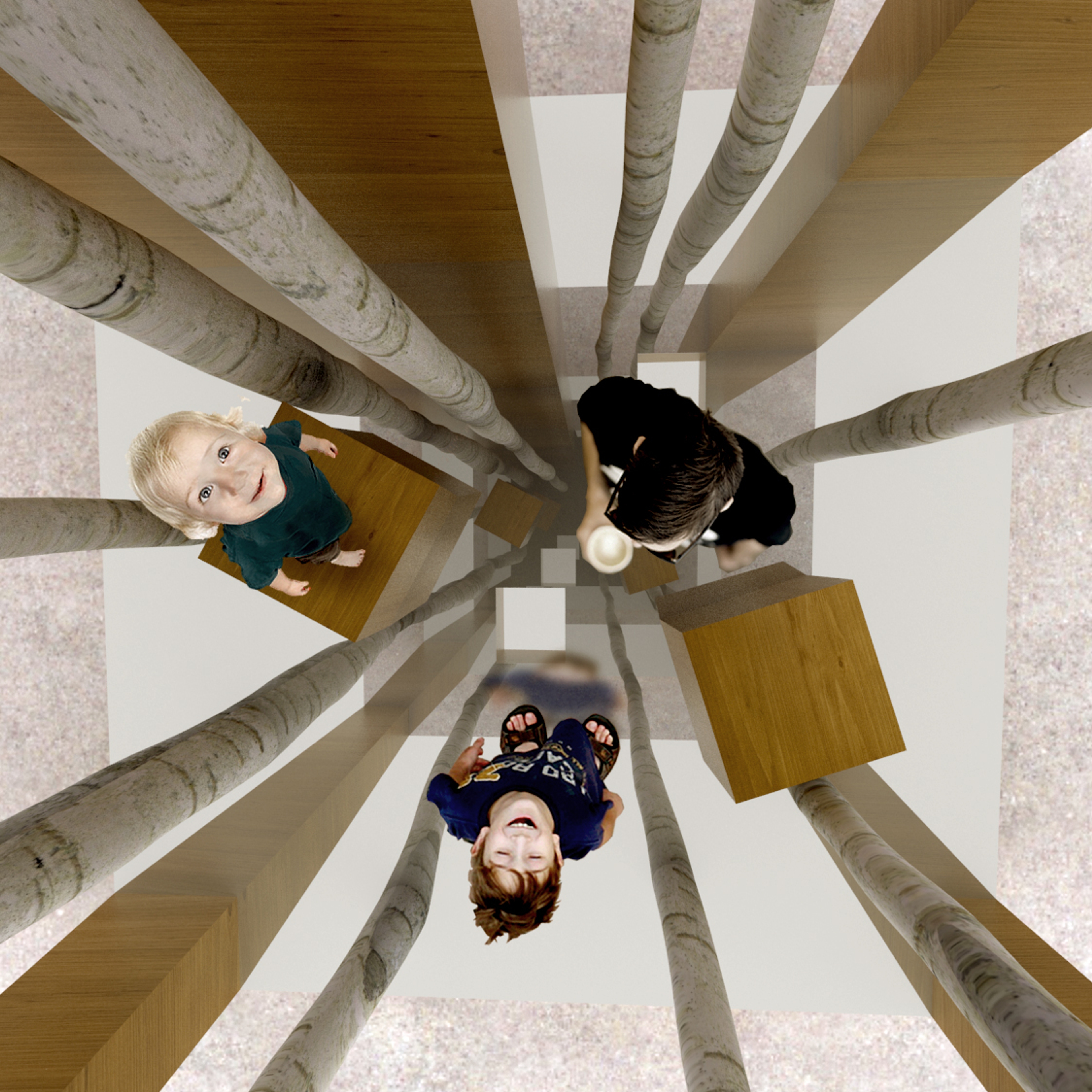 Architectural rendering inside art installation resembling a forest looking down with children