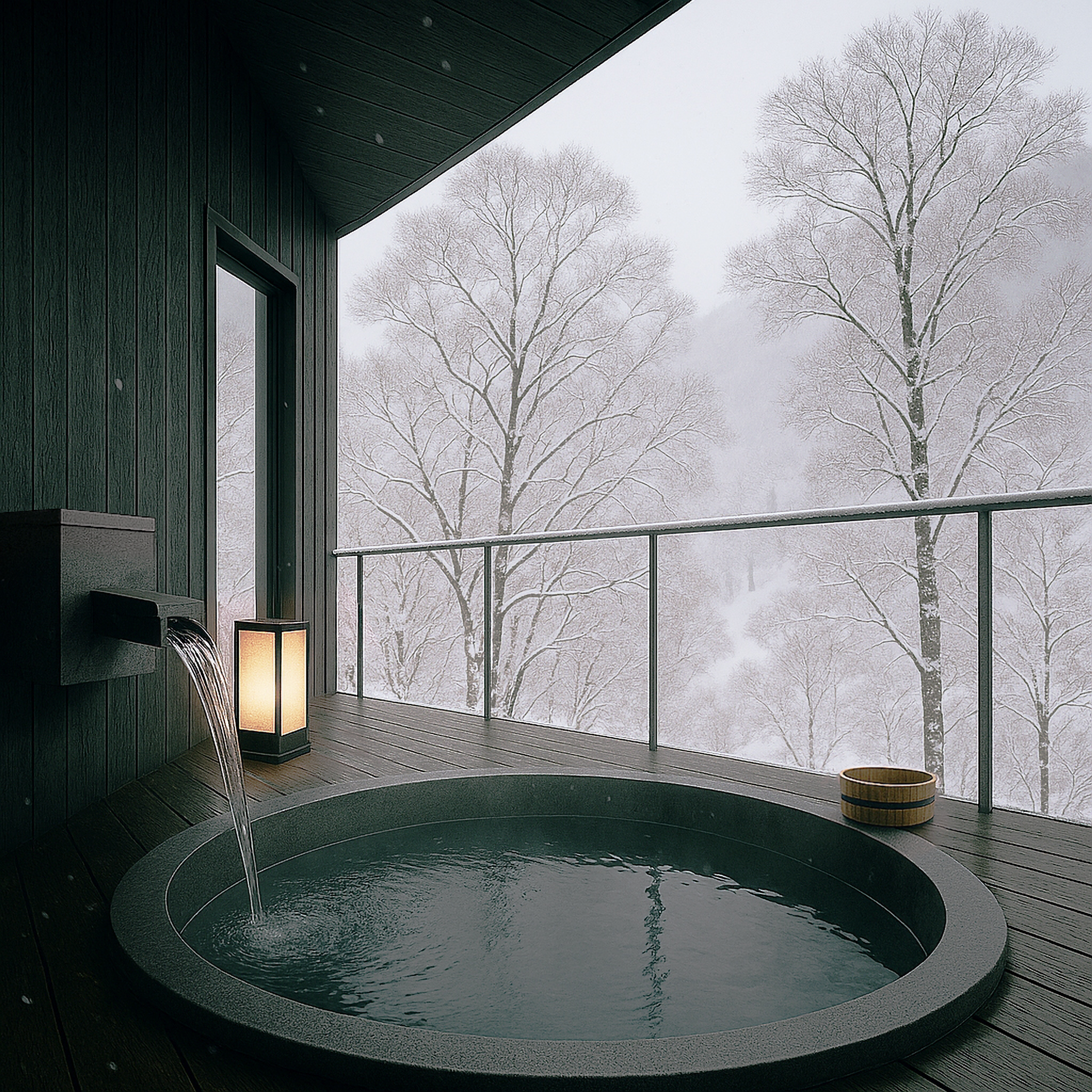 Private outdoor onsen overlooking snowy natural landscape
