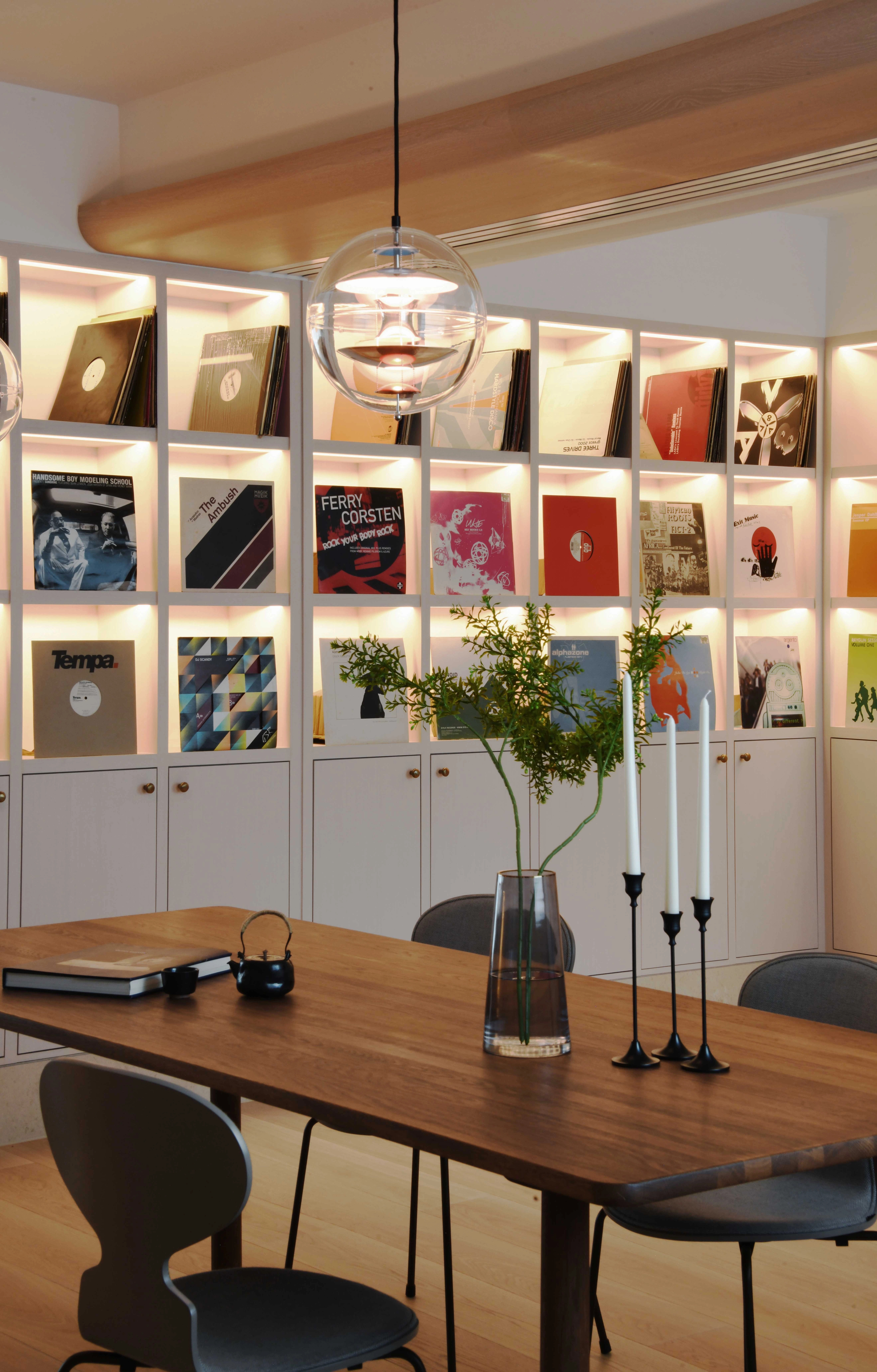 built in shelf with record collection