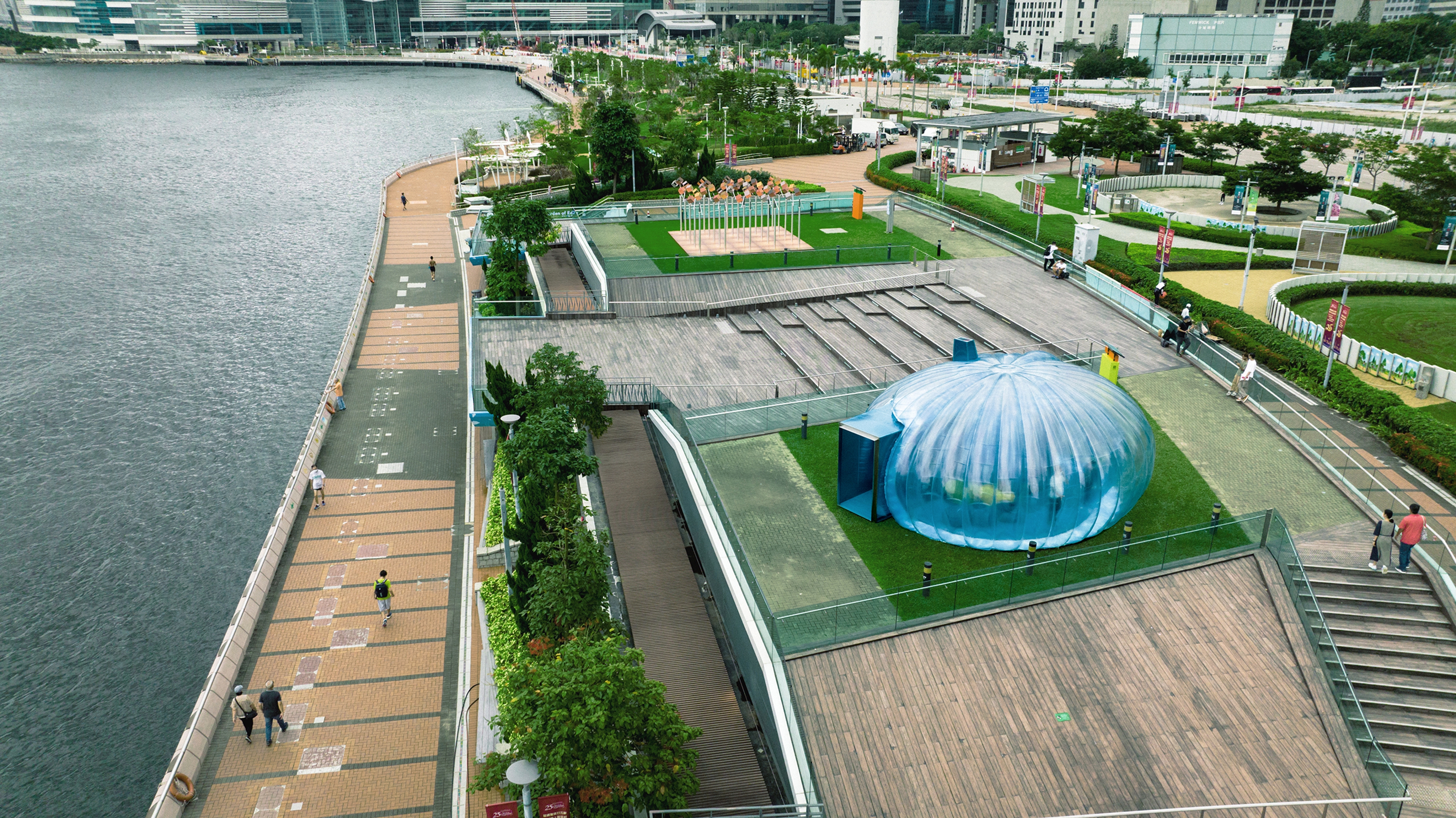 Temporary bubble art installation structure on Hong Kong harbour front