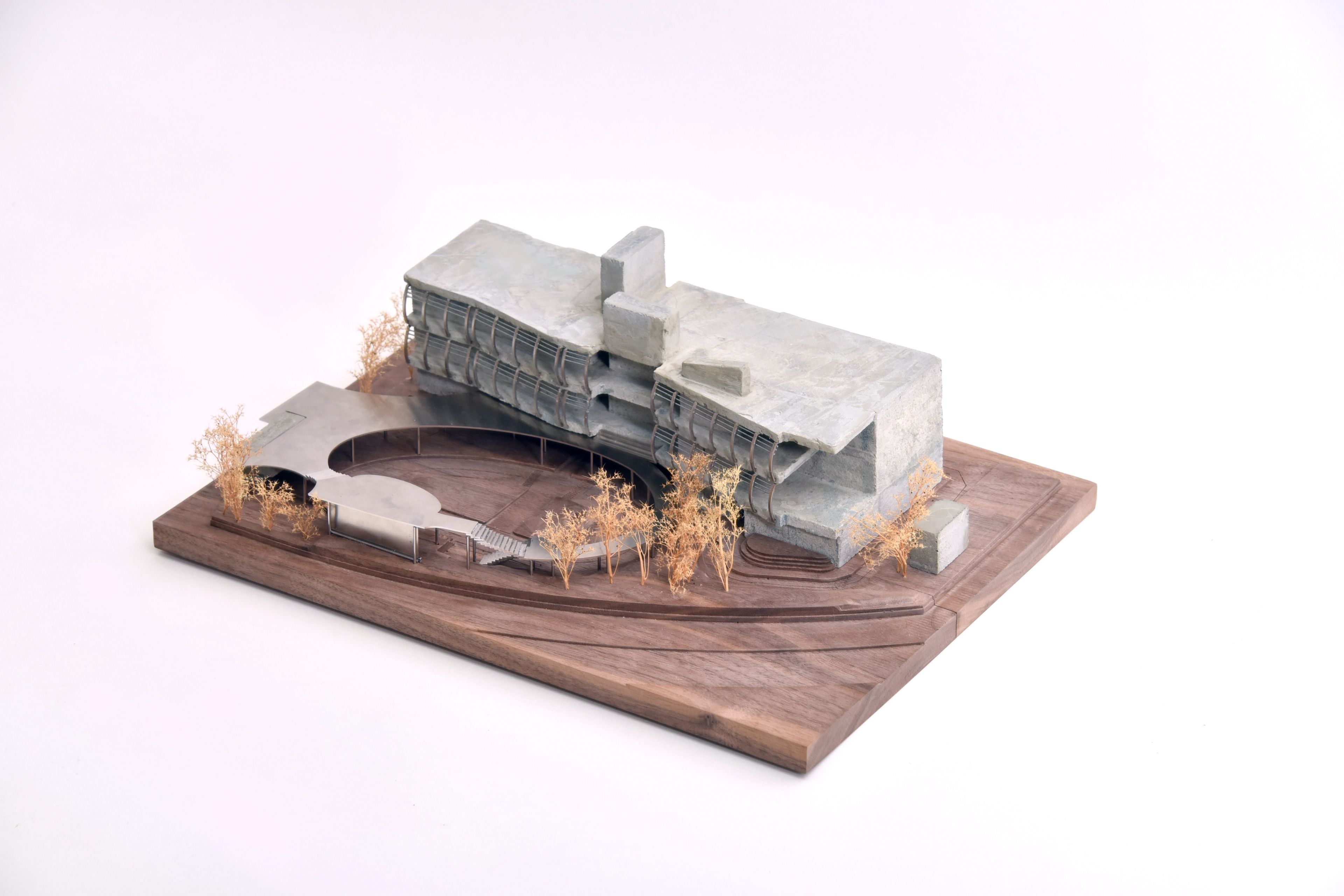 architectural model made of concrete and walnut wood