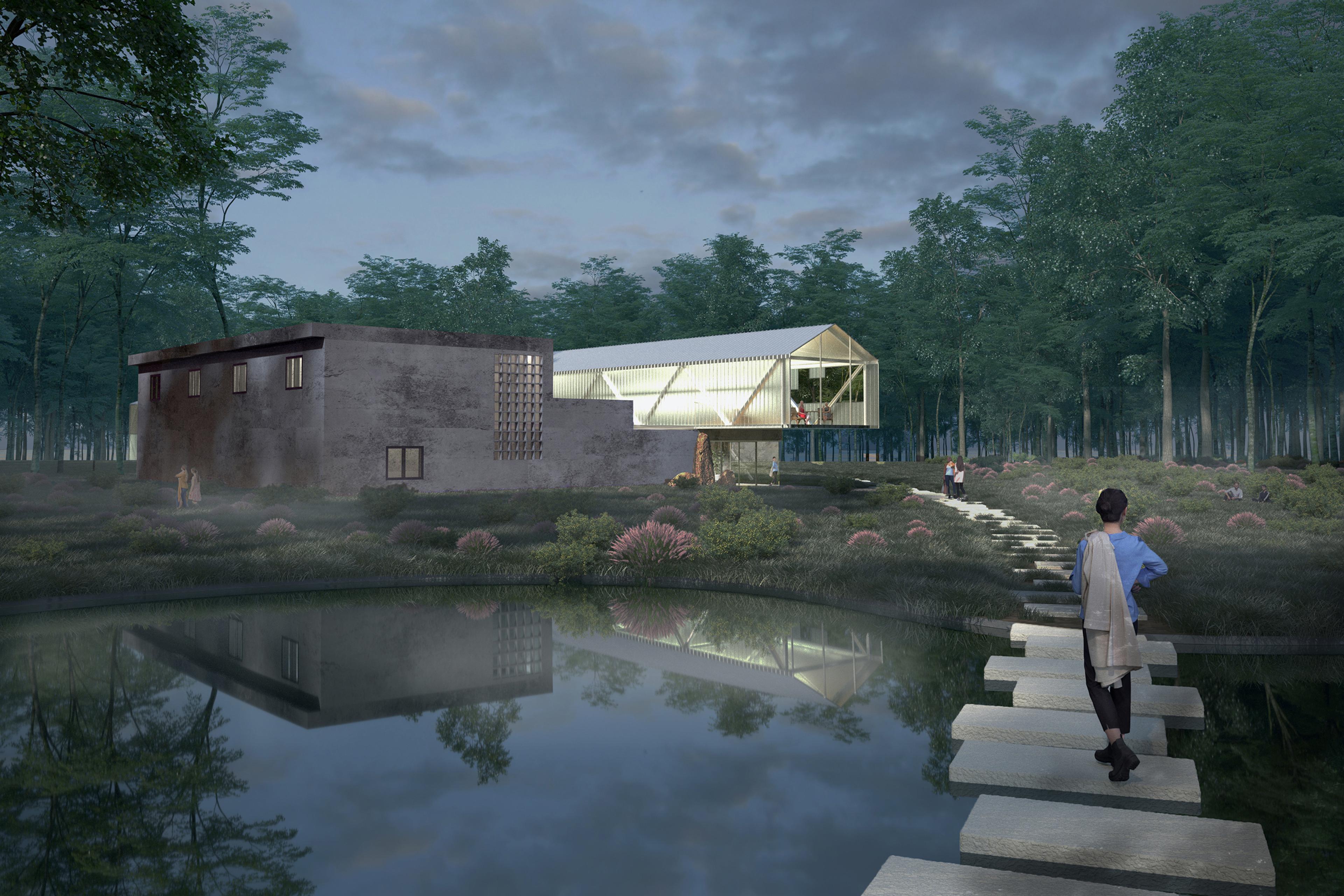 architectural rendering of modern structure in pond in front of forest with path