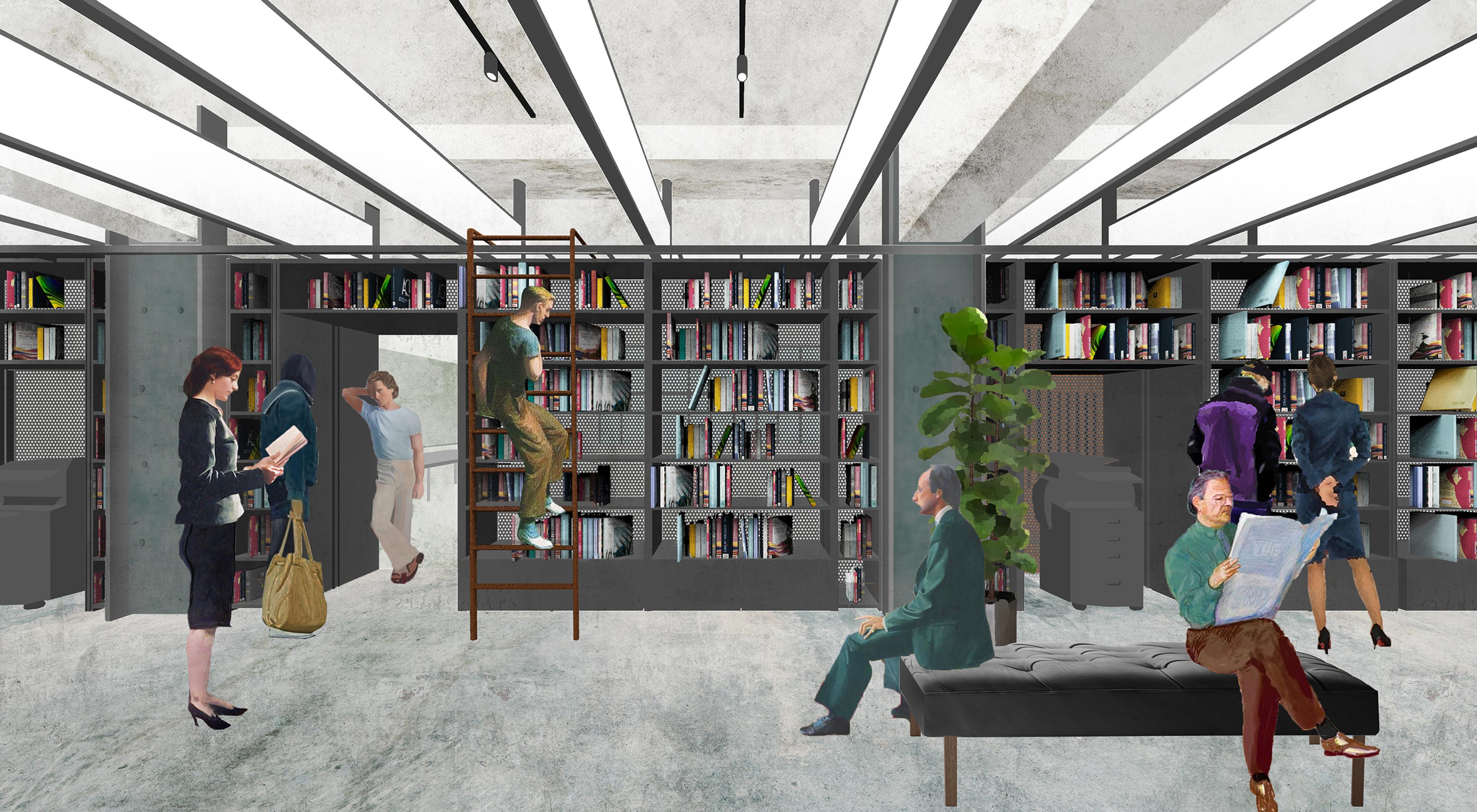 architectural rendering of modern office with library and people