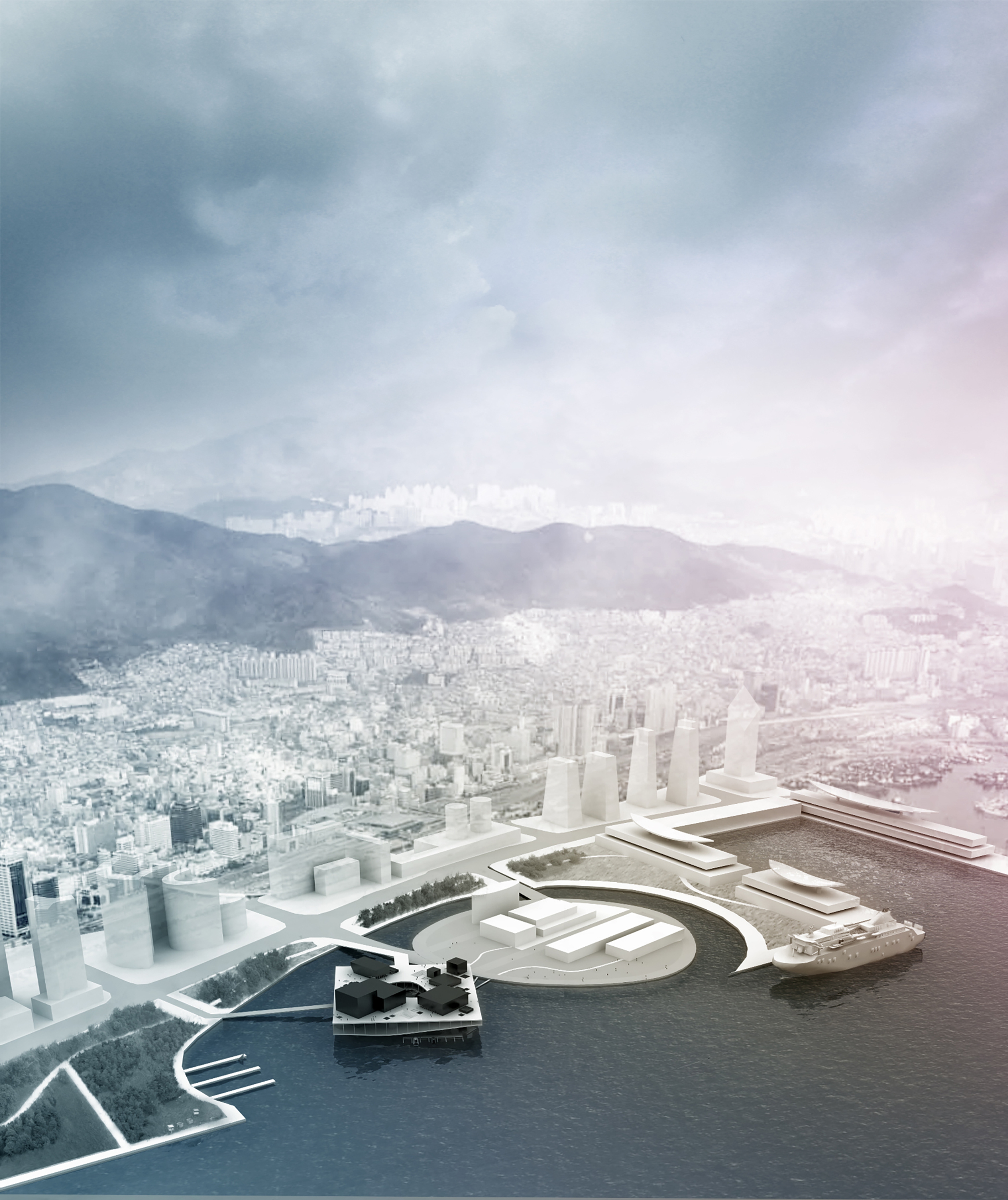 Cityscape of harbour front and buildings