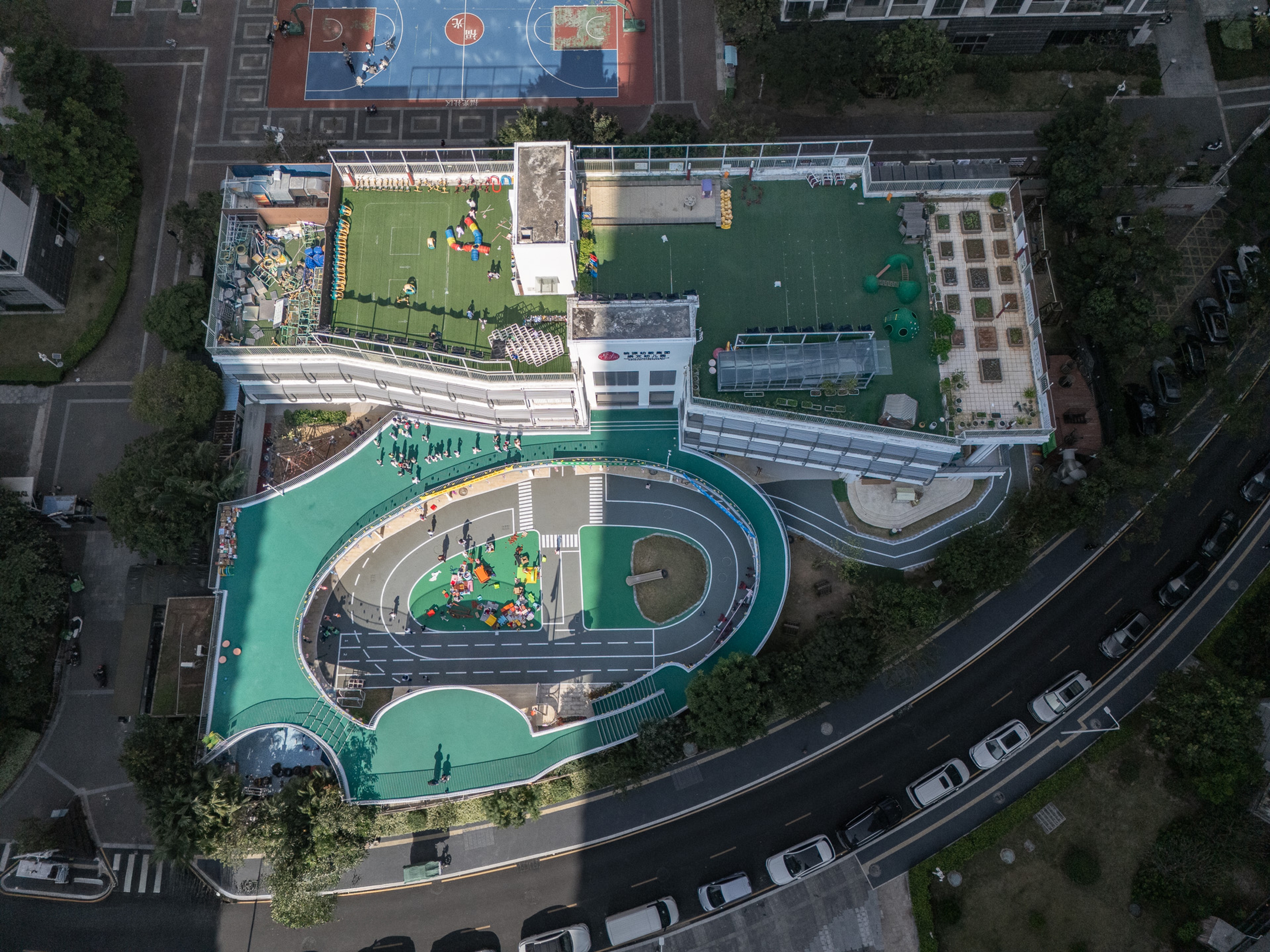School building with large playground