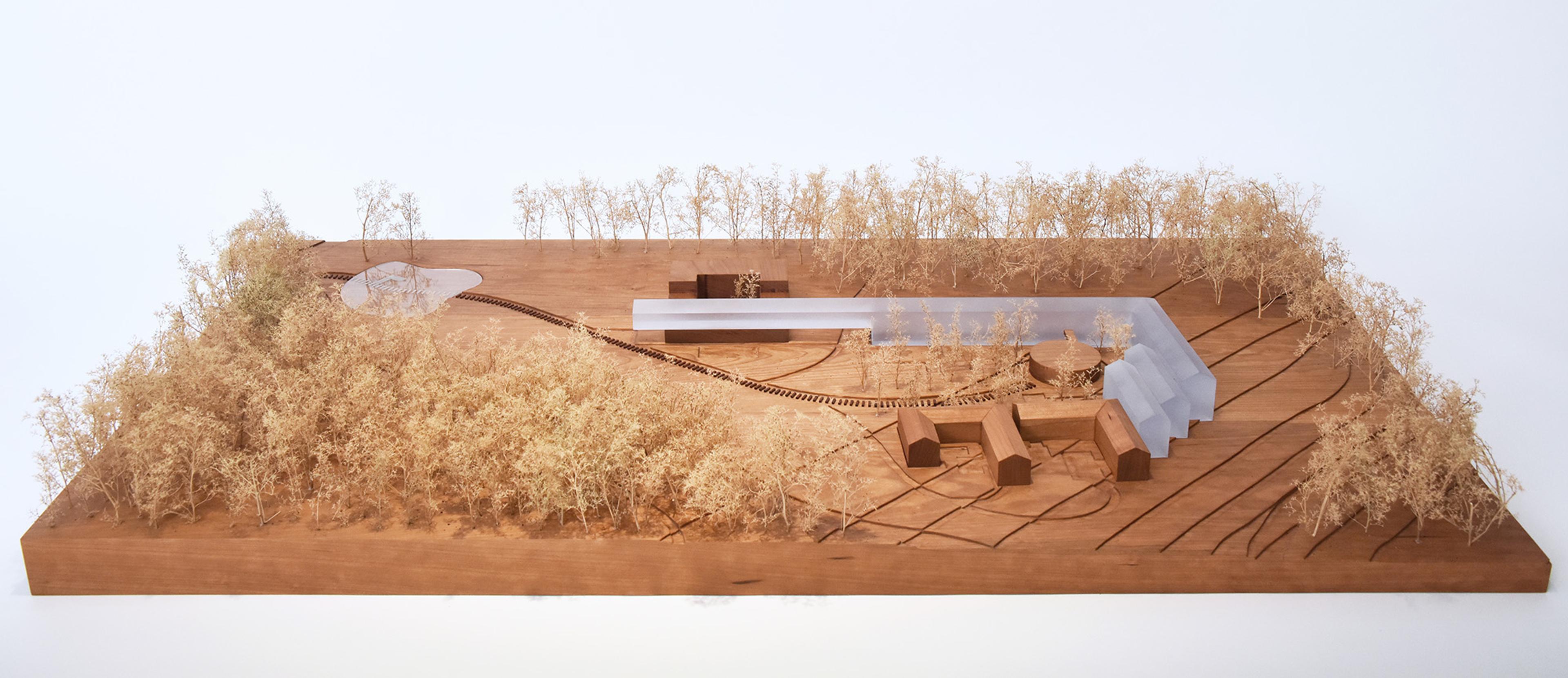 architectural model of modern structure on a hill within a forest