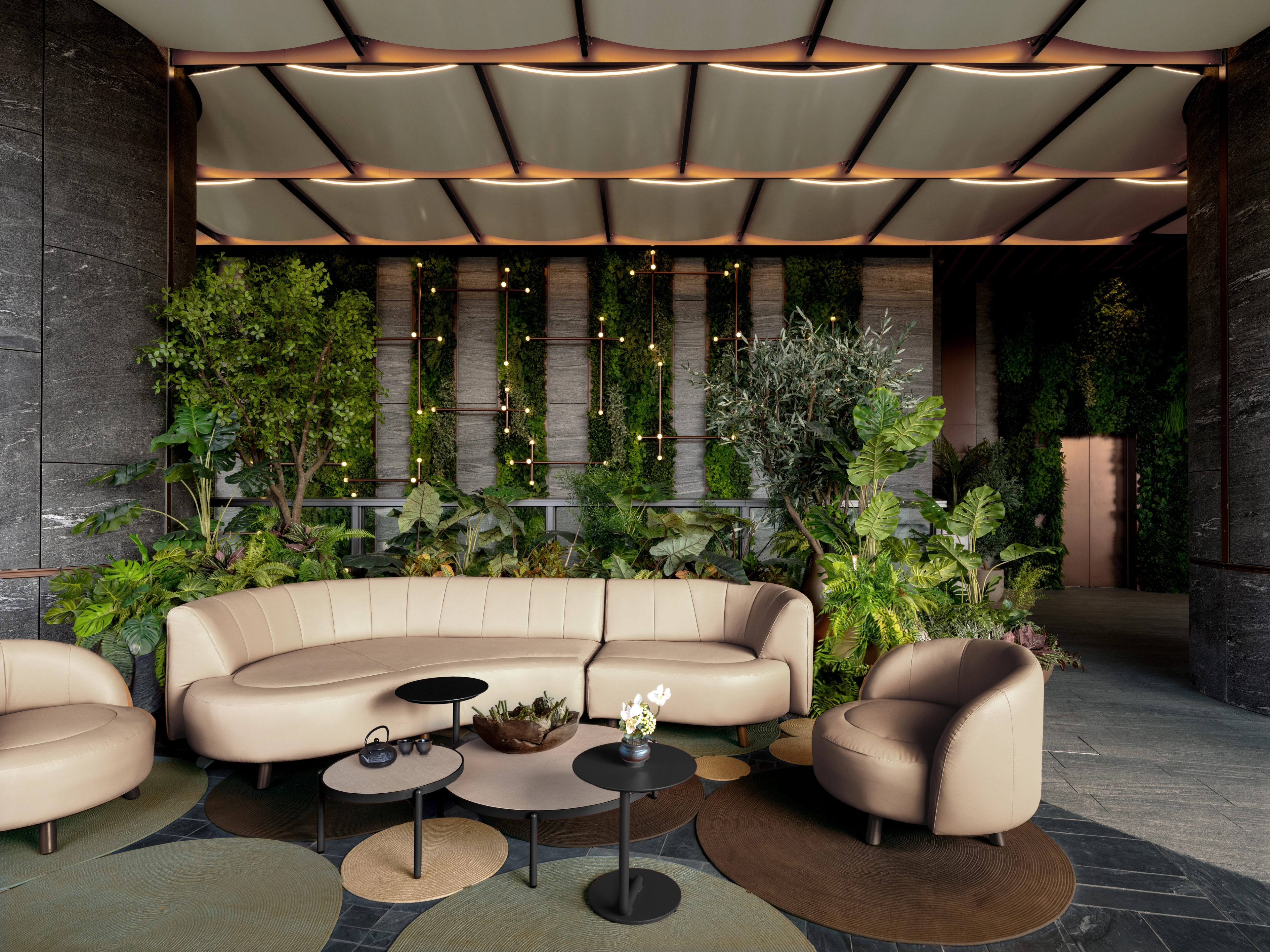 Sky garden lounge with green wall and feature ceiling