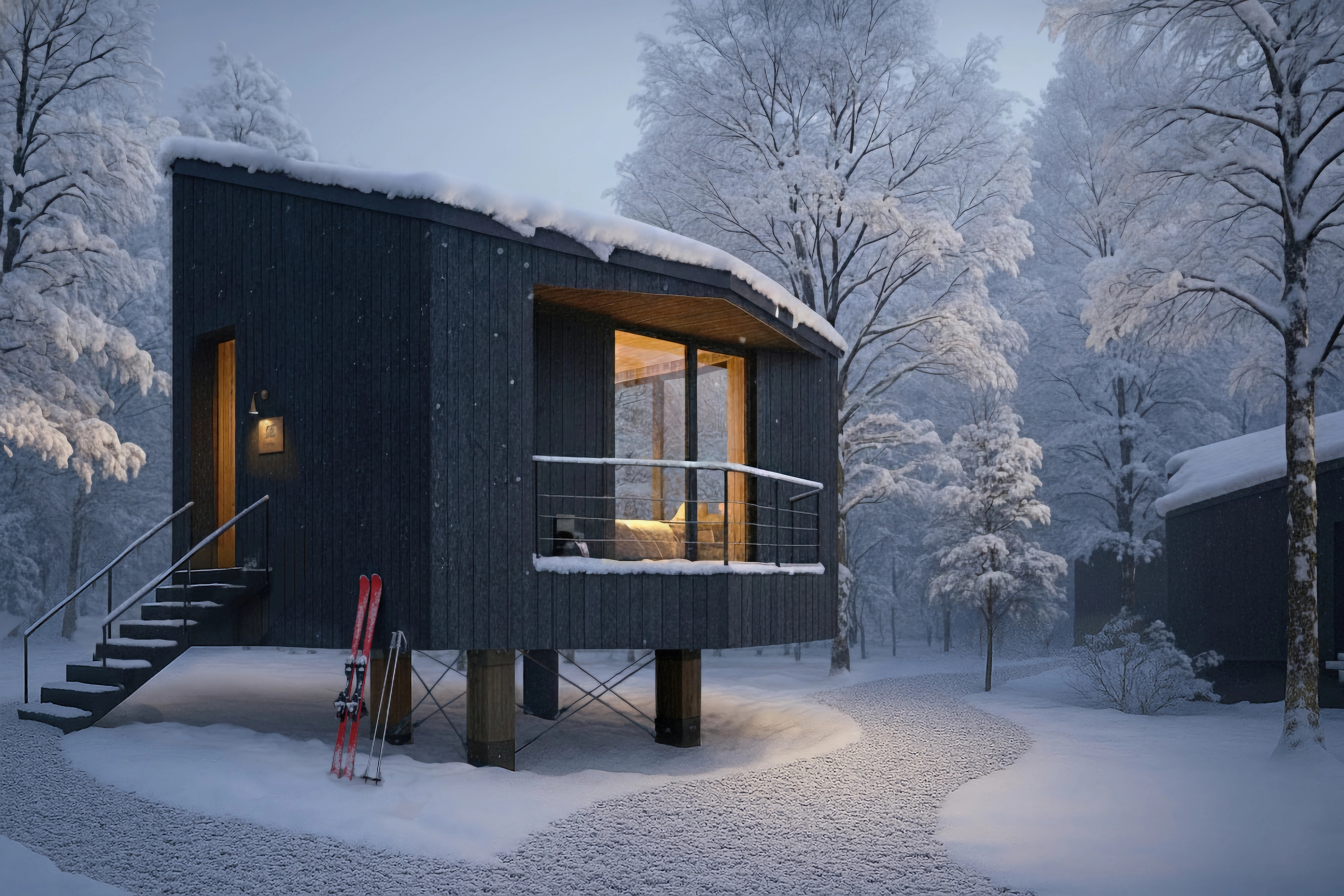 Snowy view of black timber cabin