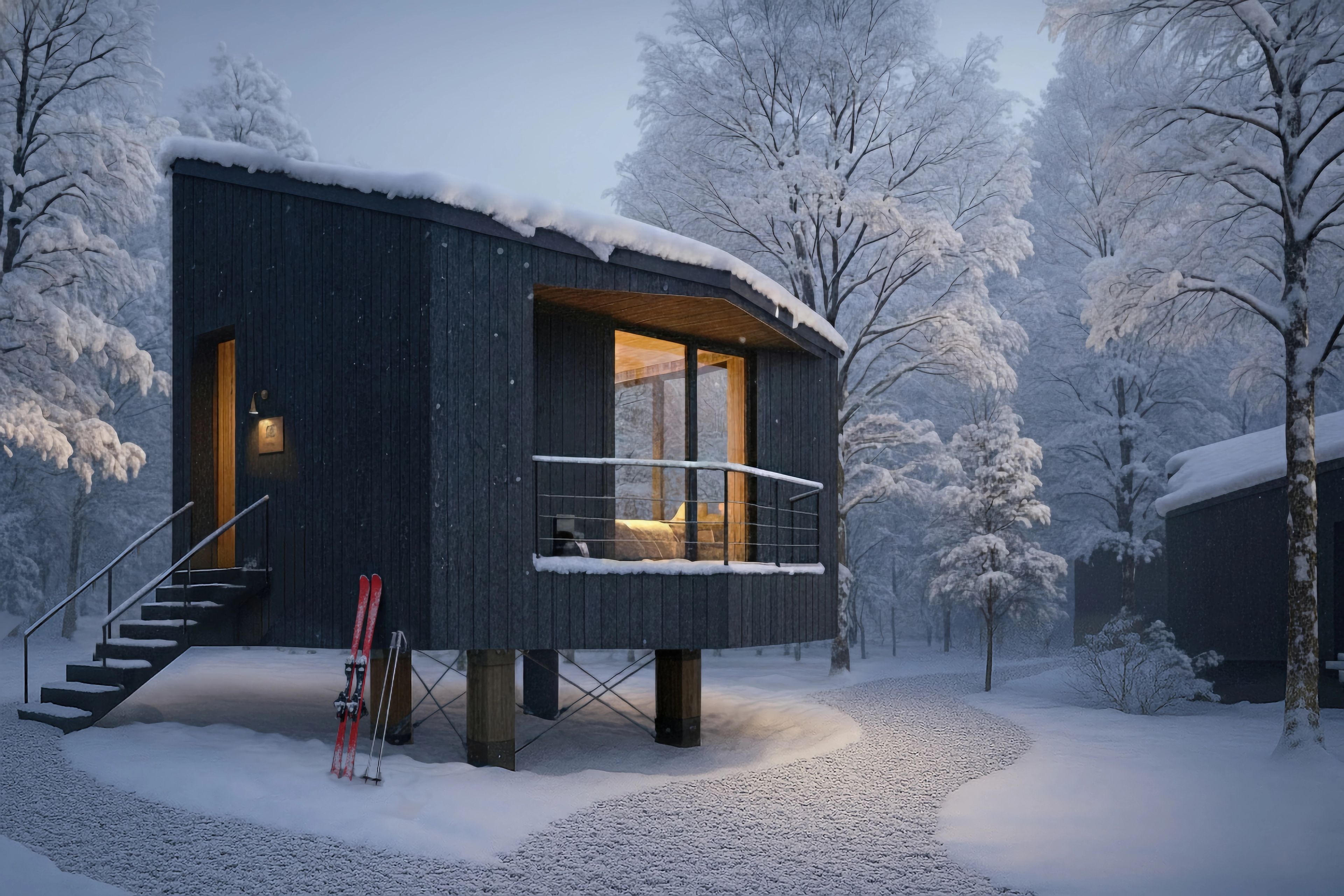 Snowy view of black timber cabin