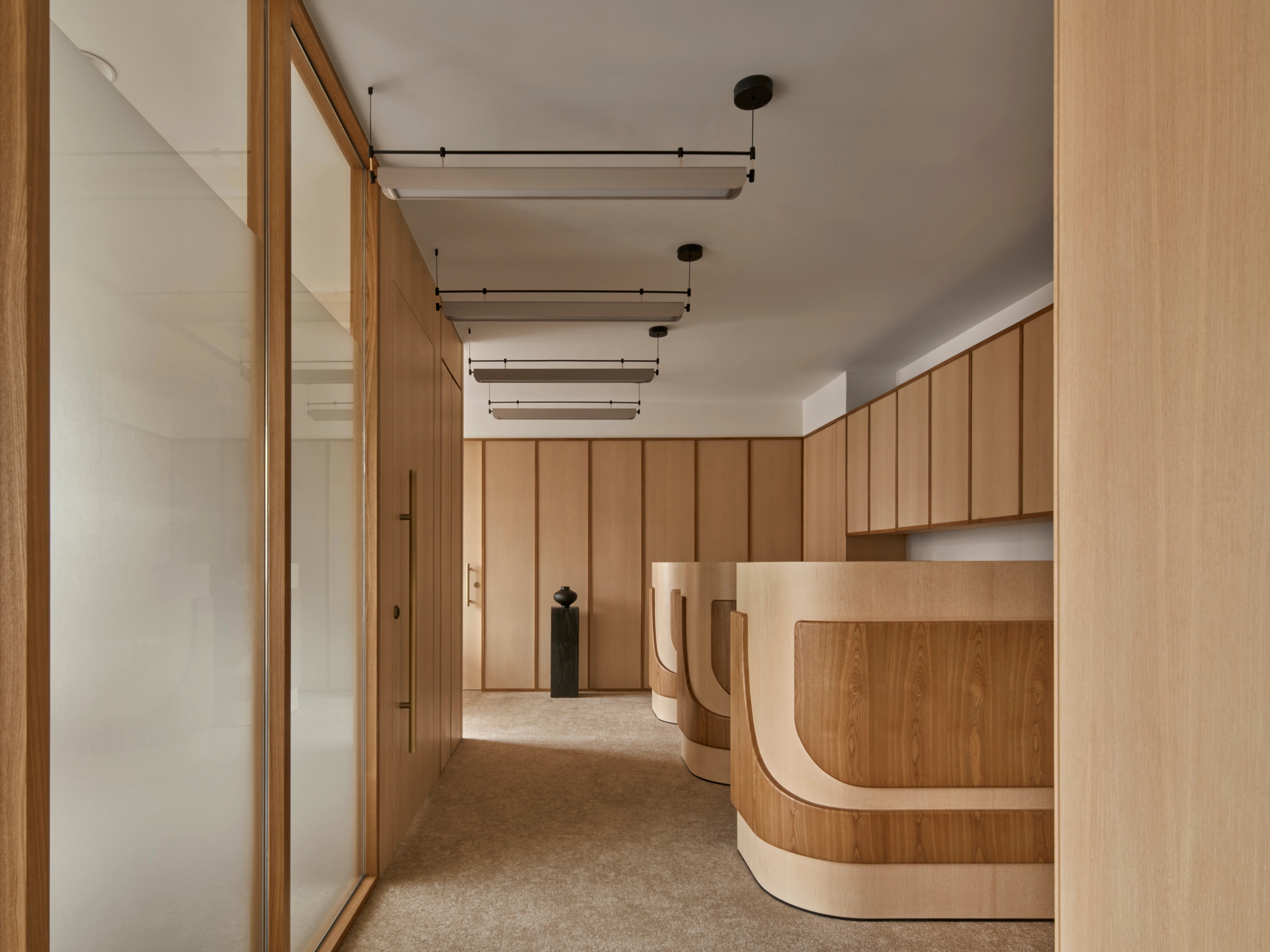 Smooth wooden panels and contemporary lighting.
