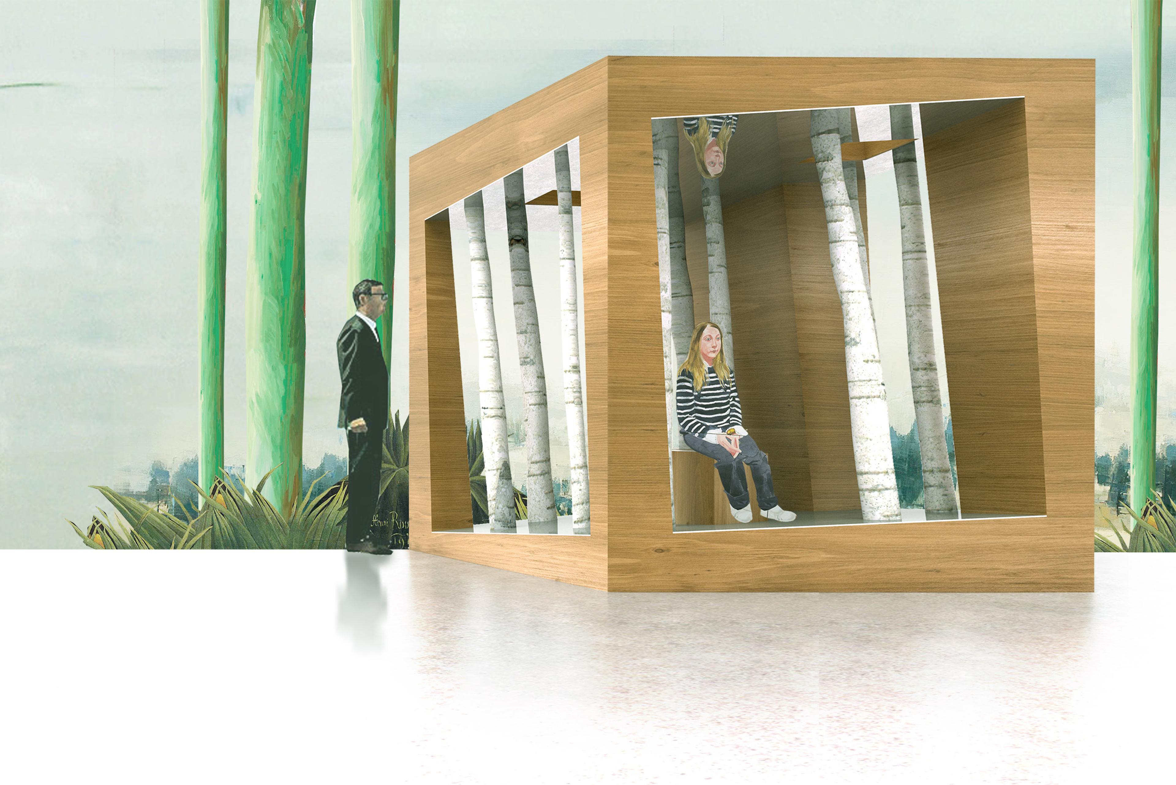 rendering of a pavilion that resembles a box with people sitting inside