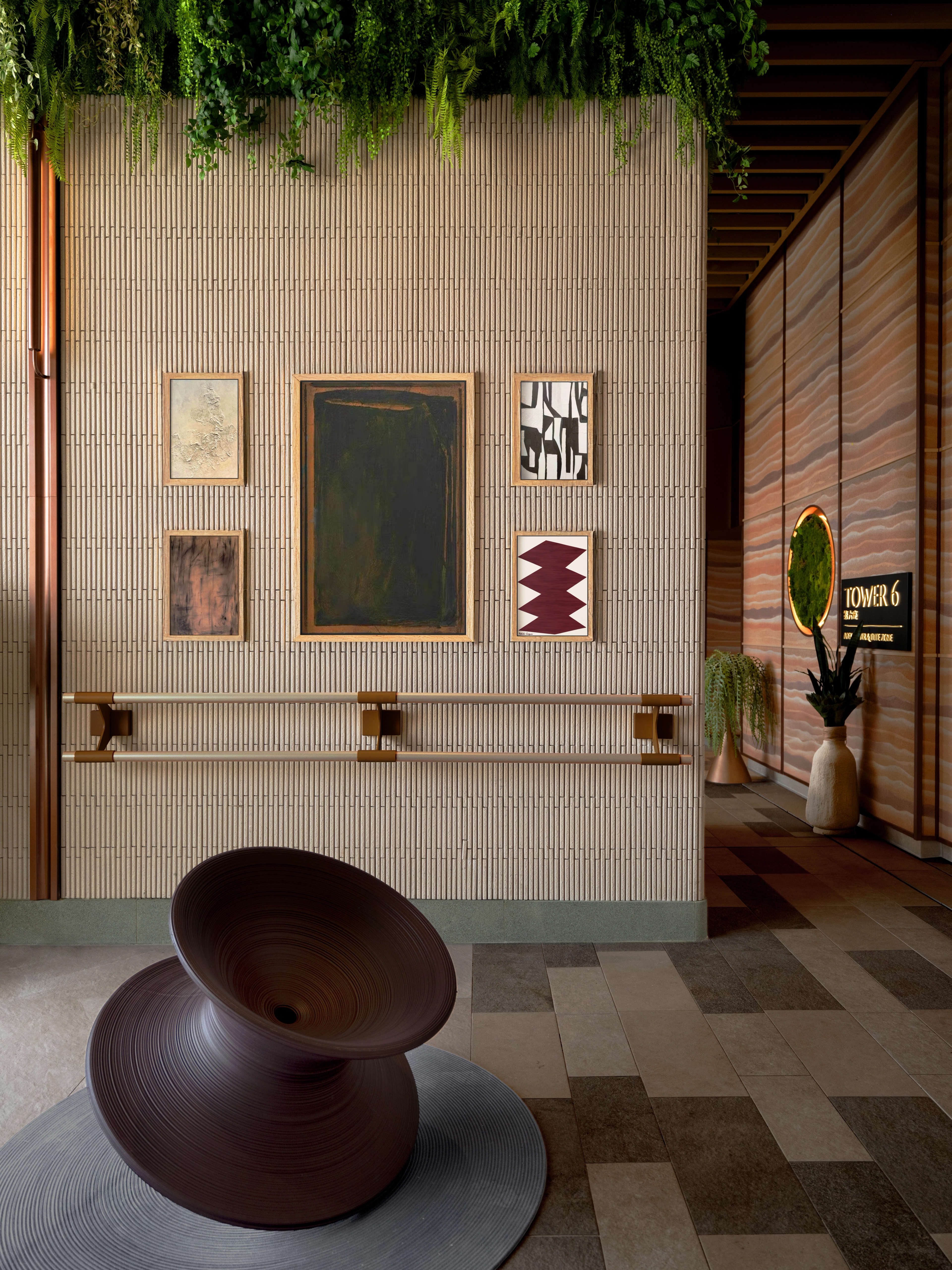 yoga area with rammed earth textured wall
