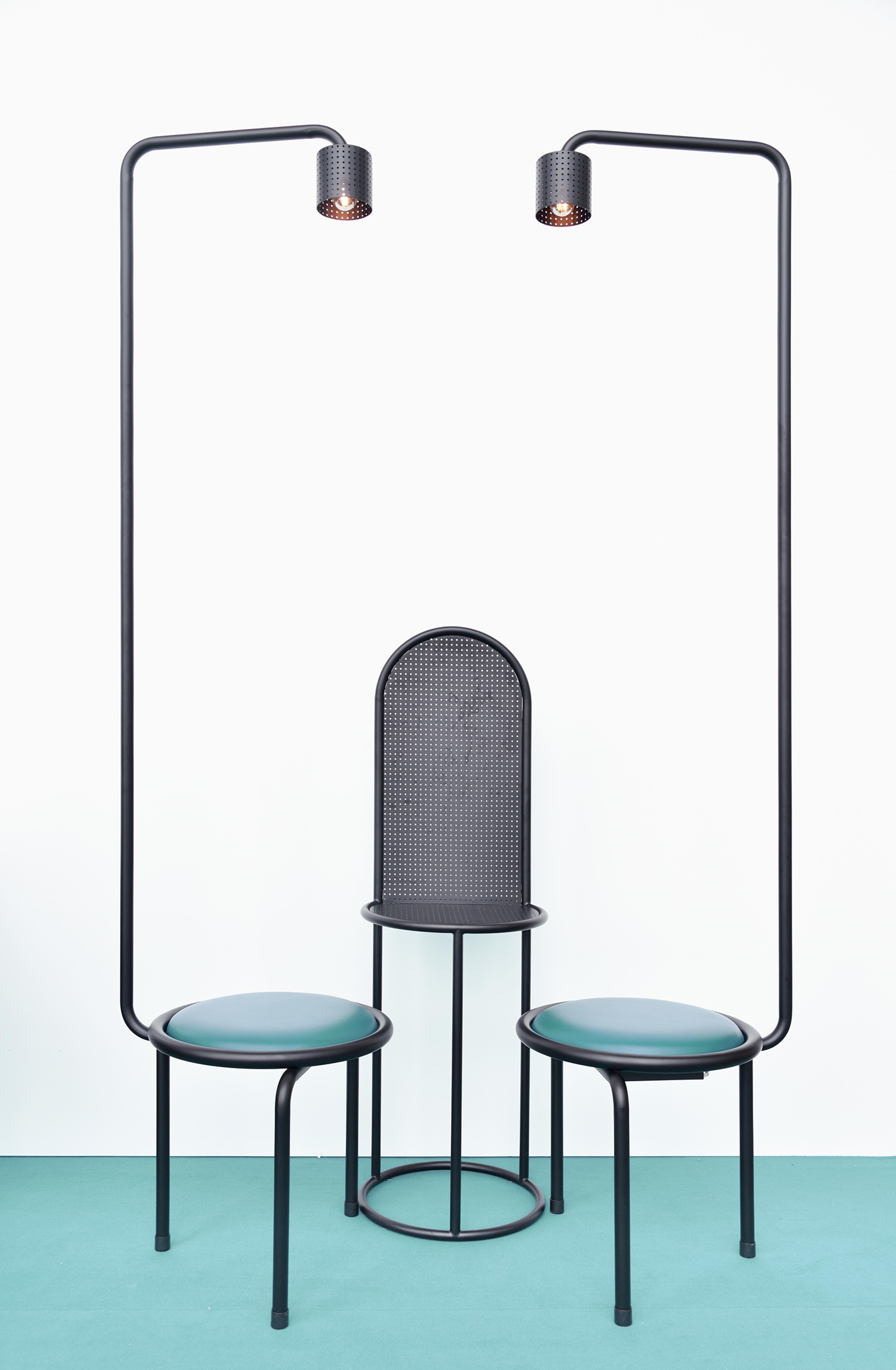 Photograph of art installation stools and chair