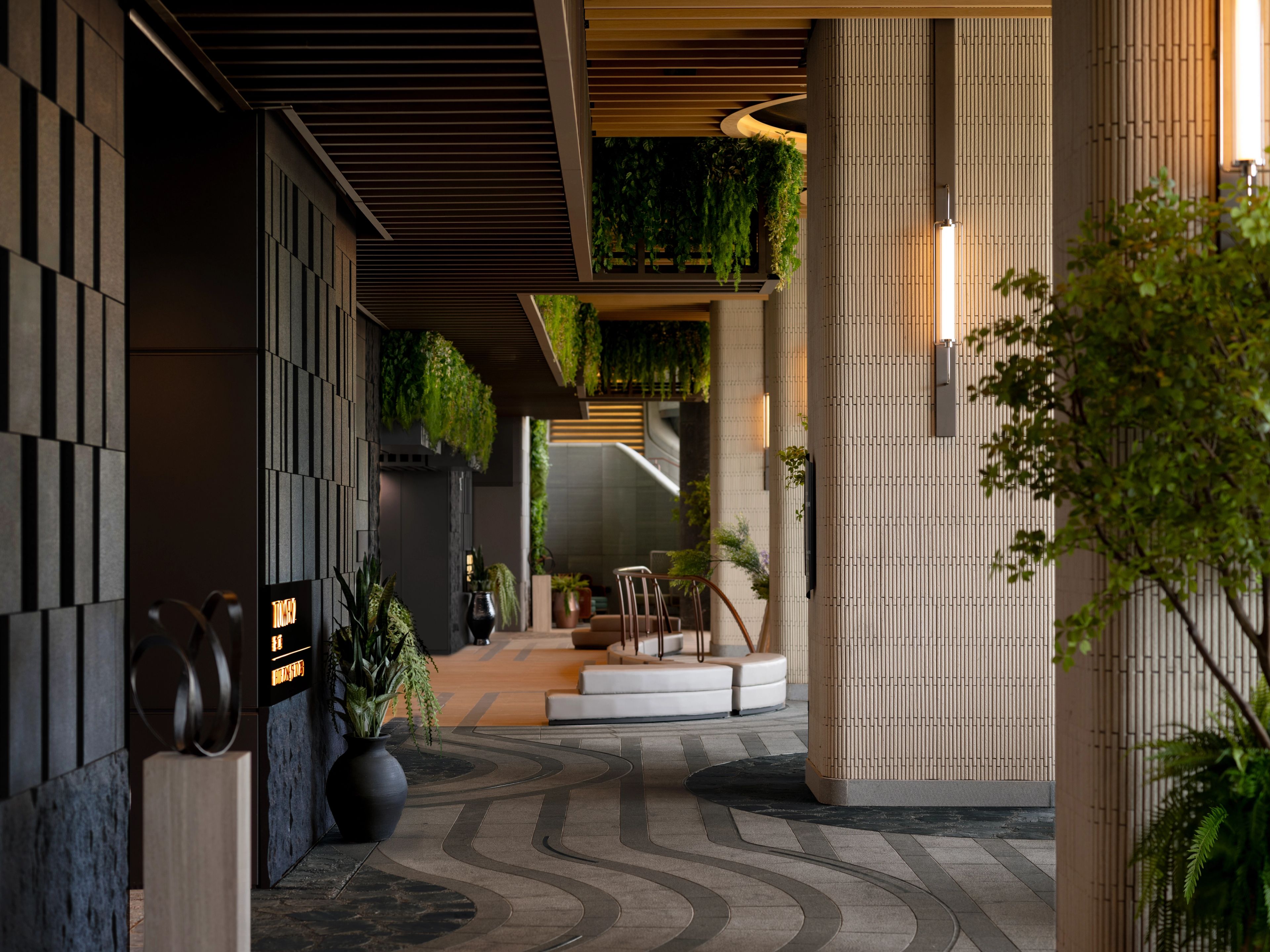 sky garden lounge with stone walls and bespoke lighting
